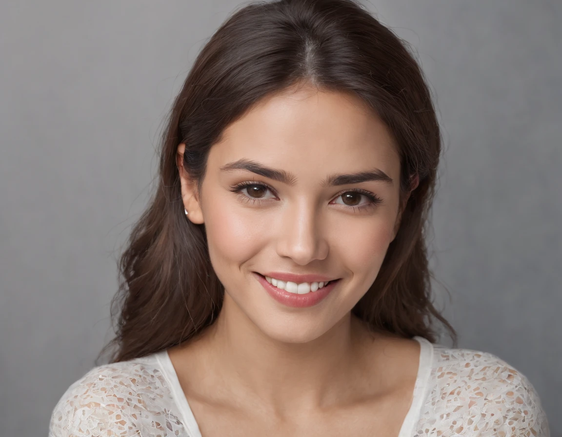 ((South American Latino)), (Latino woman), (photo: 1.3) af (realism: 1.3), frontal close-up, soft light, clear face, happy, cheerful, warm light, white t-shirt, (gray and white background), (blank background), (gray wall background) avatar, (short hair), smile, long hair, smile, (close-up)