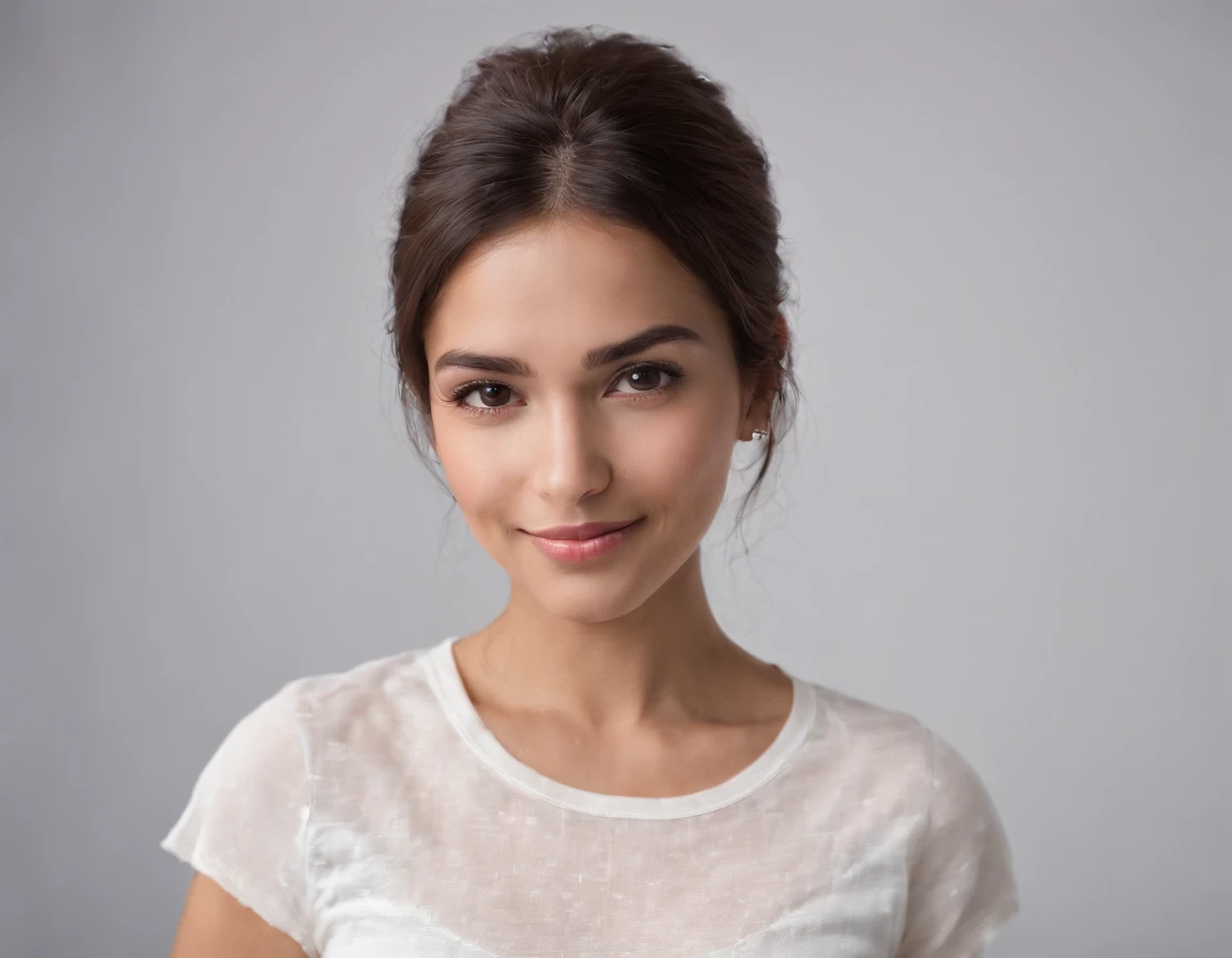 ((South American Latino)), (Latino woman), (photo: 1.3) af (realism: 1.3), frontal close-up, soft light, clear face, happy, cheerful, warm light, white t-shirt, (gray and white background), (blank background), (gray wall background) avatar, (short hair), smile, long hair, smile, (close-up)