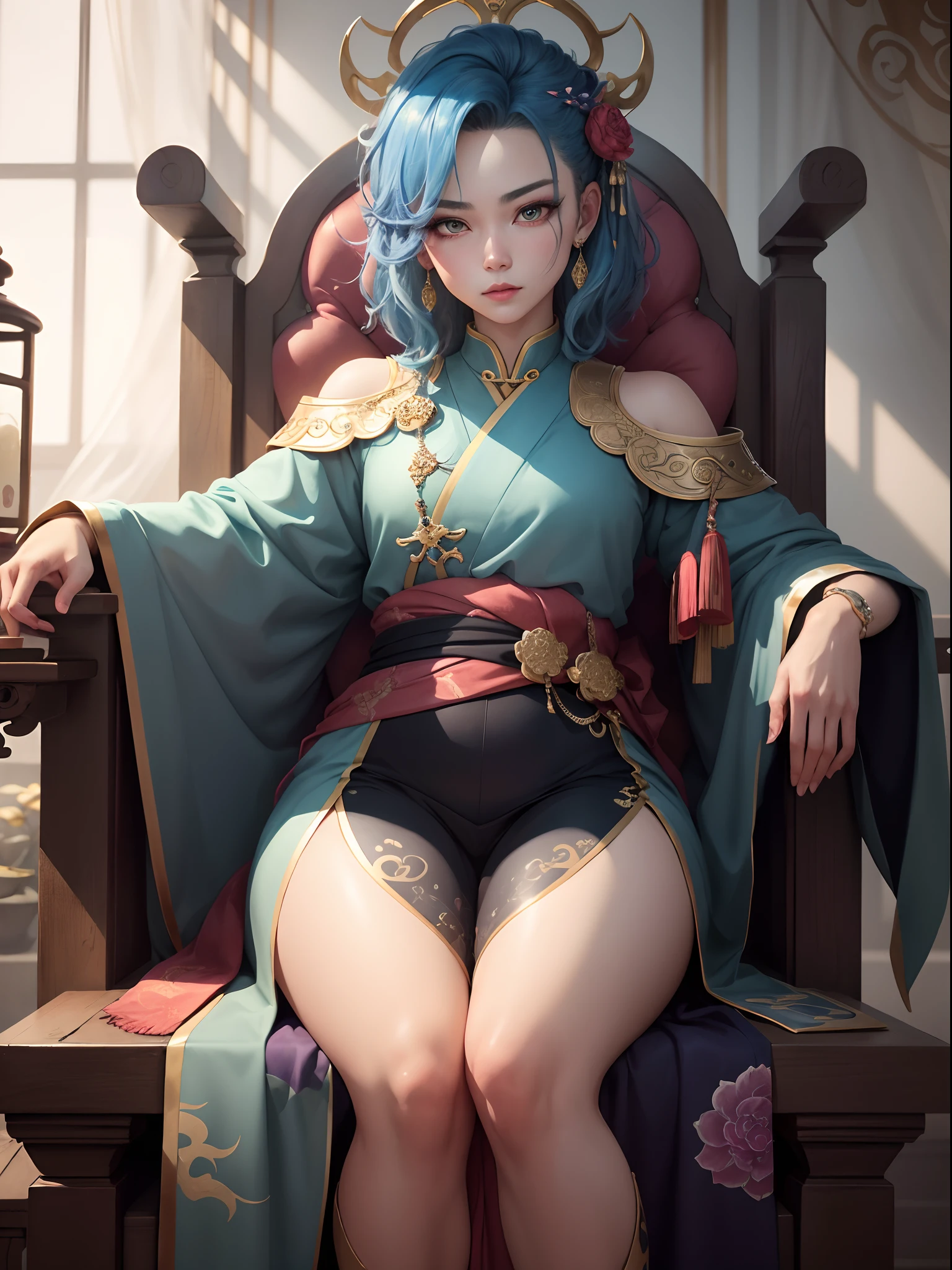 A 16-year-old blue-haired boy sits on a throne，a throne encrusted with precious stones，Surrounded by Chinese dragons，gold and ruby color，unique yokai illustrations，dau al set，A high resolution，a drawing，dense composition，playful repetition，Pedras preciosas，crystal，kinako，Detailed drawing，unique yokai illustrations，Ultra-fine details，realisticlying，超A high resolution，复杂，Hyper-detailing，Detailed body，（详细的脸：1.1），（contoured iris），（Watercolor lenses），（perfect  eyes），4K，opulent，（tmasterpiece：1.2），（best qualtiy：1.2），  Gorgeous long dress，dynamicposes，plethora of colors，The light and shadow of the movie