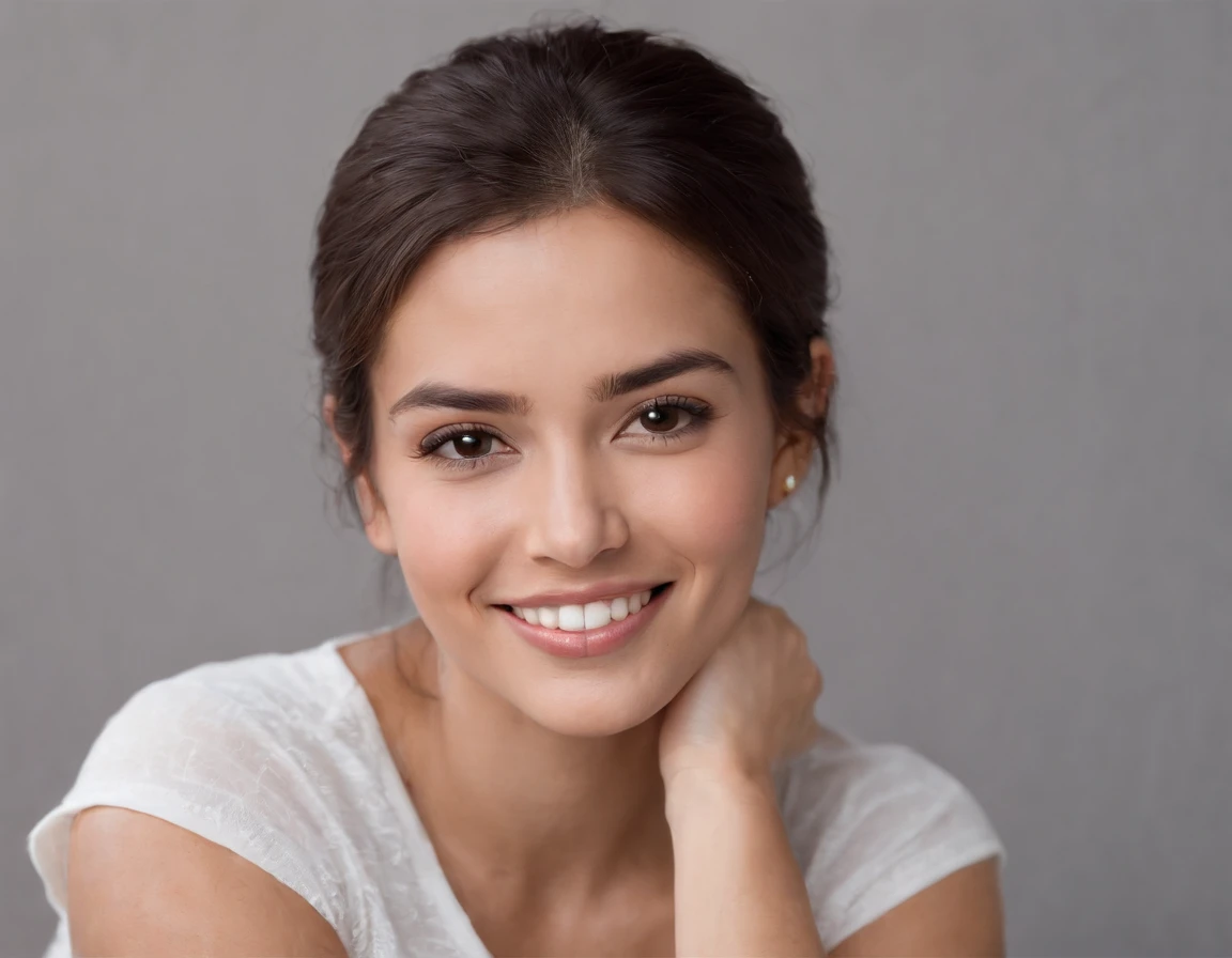 ((South American Latino)), (Latino woman), (photo: 1.3) af (realism: 1.3), frontal close-up, soft light, clear face, happy, cheerful, warm light, white t-shirt, (gray and white background), (blank background), (gray wall background) avatar, (short hair), smile, long hair, smile, (close-up)