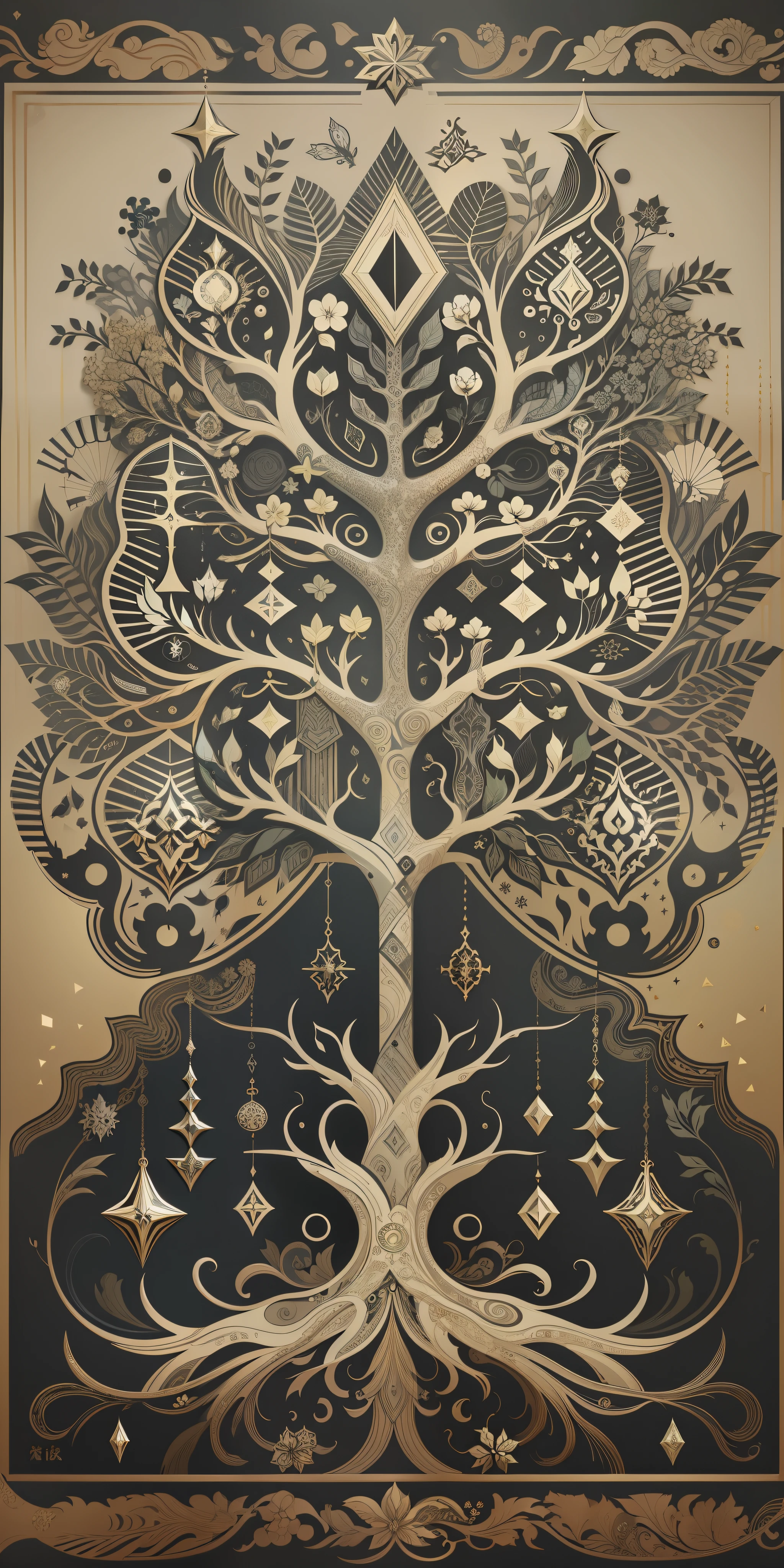 Nordic tree-shaped solitaire，Flat style， abstract artistic，Graphic design，对称, Math, Renaissance, Oil painting, 2D canvas, highly  detailed, 复杂, Classic paint, Black monochrome, crystals, opulent, lap, gothic ornament, Graphic design