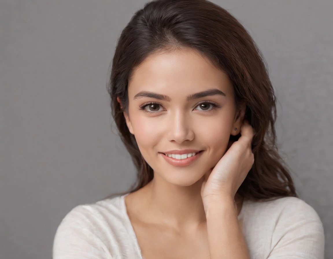 (Photo: 1.3) af (realism: 1.3), (Hispanic), Latina woman profile picture, (frontal close-up), soft light, clear face, happy, cheerful, warm light, white T-shirt, (off-white background), (blank background), ((gray wall background)) avatar, (long hair), smile, beautiful, young,, short hair, smile, (close-up)