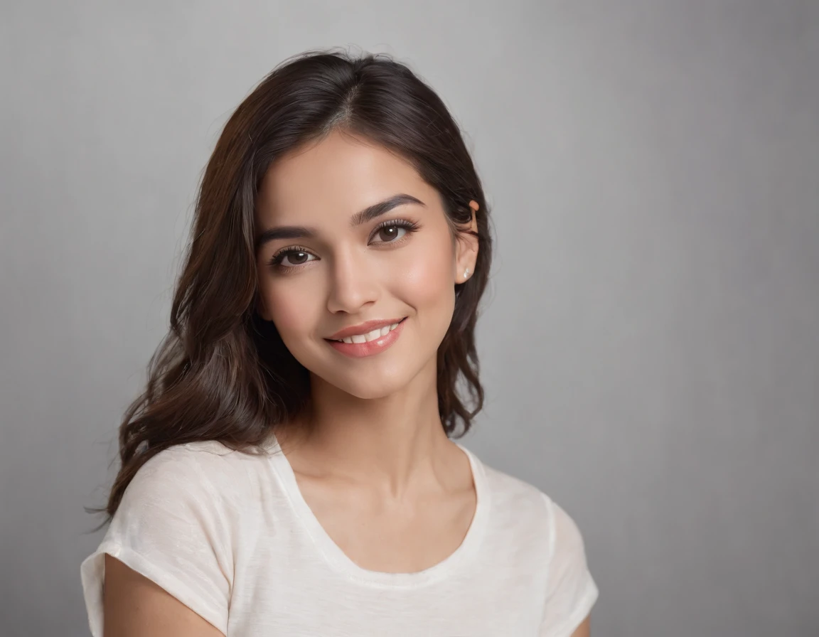 (Photo: 1.3) af (realism: 1.3), (Hispanic), Latina woman profile picture, (frontal close-up), soft light, clear face, happy, cheerful, warm light, white T-shirt, (off-white background), (blank background), ((gray wall background)) avatar, (long hair), smile, beautiful, young,, short hair, smile, (close-up)