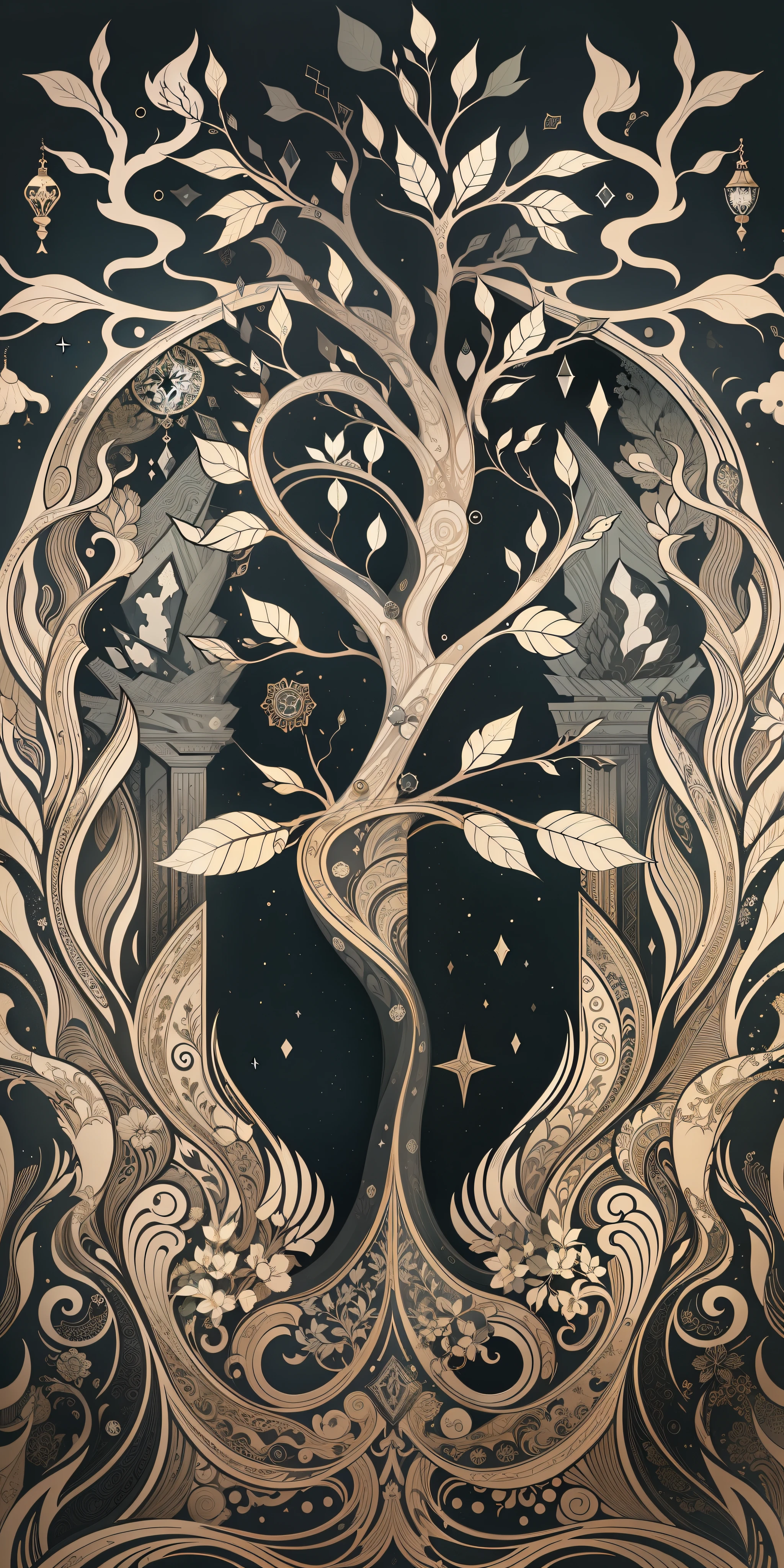 Nordic tree-shaped solitaire，Flat style， abstract artistic，Graphic design，对称, Math, Renaissance, Oil painting, 2D canvas, highly  detailed, 复杂, Classic paint, Black monochrome, crystals, opulent, lap, gothic ornament, Graphic design