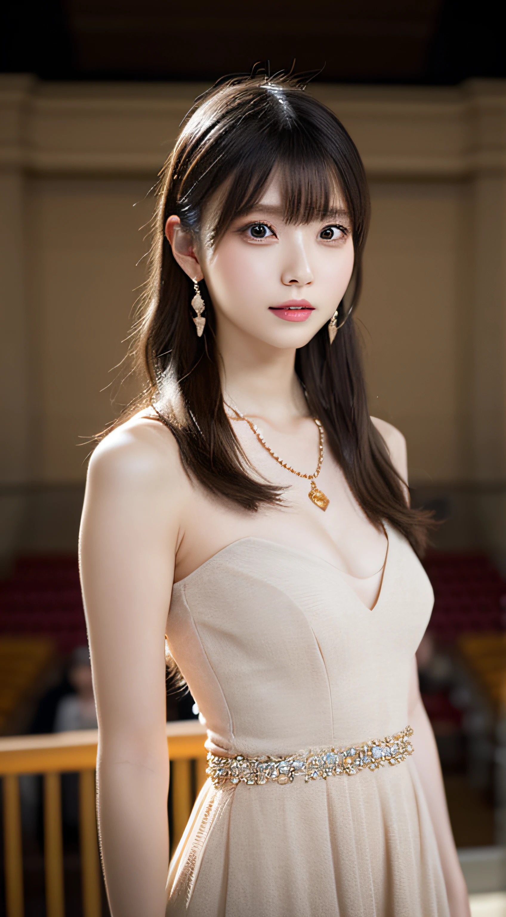 Best Quality, masutepiece, High resolution, 1girl in, Beautiful face, slenderbody、Hair Accessories, Gazing at the audience in the concert hall, Smiling, closes mouth, Beautiful lips, Dress, Hair Accessories, Necklaces, Jewelry, Long hair, earrings, Beautiful face, On the body, Tindall Effect, Realism, Dark Studio,fullbody image、 Edge lighting, Two-tone lighting, (High Detail Skin: 1.2), 8K UHD, Digital SLR, Soft light, High quality, Volumetric lighting, Photo, high-definition4K, 8K, Blurred background