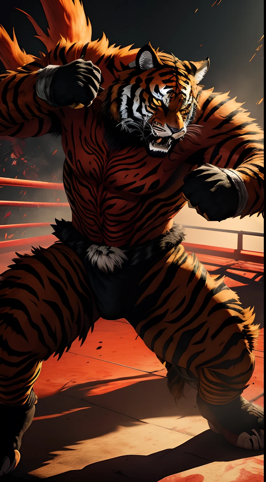 anthro, correct anatomy, bodily fluids, fur, bulge, blue shorts, bare torso, looking at viewer, (collapsed and bent down), male, multicolored body, multicolored fur, muscular, (musk clouds:1.2), navel, (hard breathing, tongue out), solo, two tone body, two tone fur, by Pixelsketcher, by Bayard Wu, by Thomas Benjamin Kennington , by Einshelm, by grimfaust,, (lin hu:1.1), (exhausted, sweat, bruised:1.4), in the boxing ring, (boxing gloves, beaten down, swollen cheek:1.4)