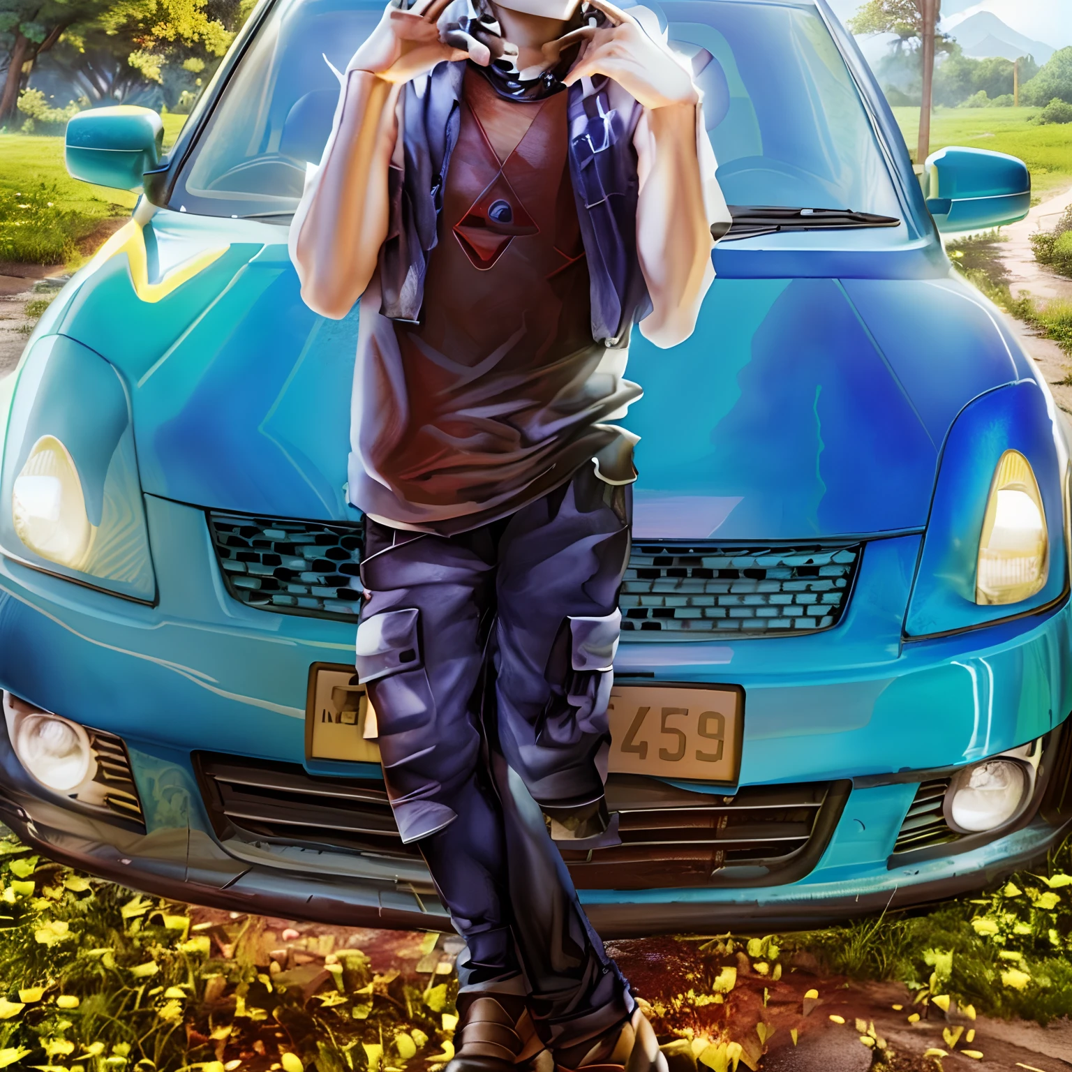 arafed man standing next to a car on a gravel road, standing in road, stylish pose, edited, with a cool pose, wearing cargo pants, full body picture, aesthetic shot, edited in photoshop, wearing dirty travelling clothes, full view of a car, with lovely look, looking cute, mid shot portrait, very artistic pose, gen z, in a scenic background