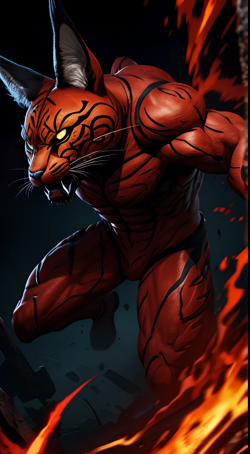 caracal mask creature, Bloody Roar style, blood and black colors, punching pose, full body, Animal Anthropomorphism, realistic digital, humanoid, abstract background, global illumination, intricate, epic, dramatic, masterpiece, high detail, best quality, ultra high res