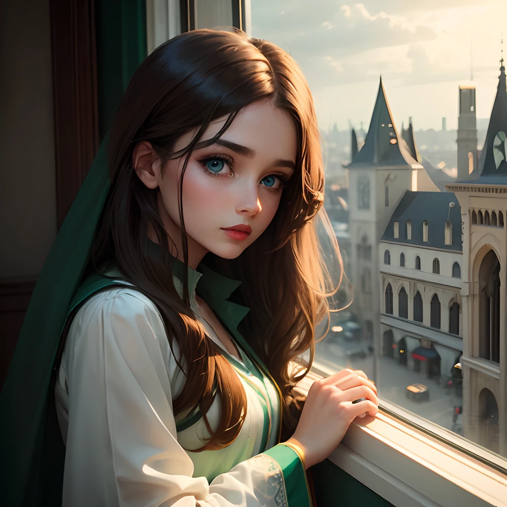 Cute girl blue eyes, long brown hairs, smooth face, long green kameez with white outline, green shalwaar,  red lipstick, watching outside from a window to a clocktower in night with black clouds on sky and lighting