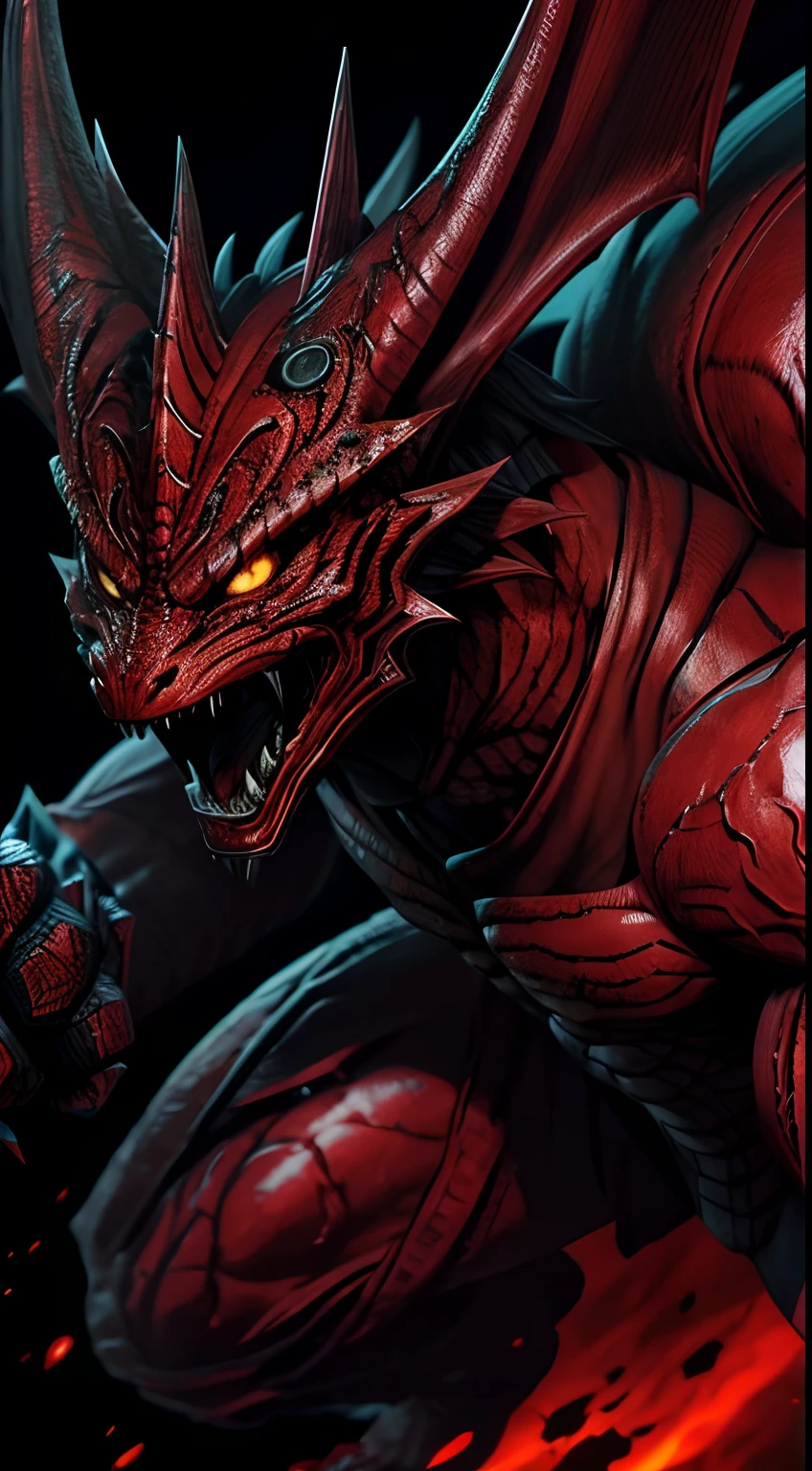 dragon mask creature, Bloody Roar style, blood and black colors, punching pose, full body, Animal Anthropomorphism, realistic digital, humanoid, abstract background, global illumination, intricate, epic, dramatic, masterpiece, high detail, best quality, ultra high res