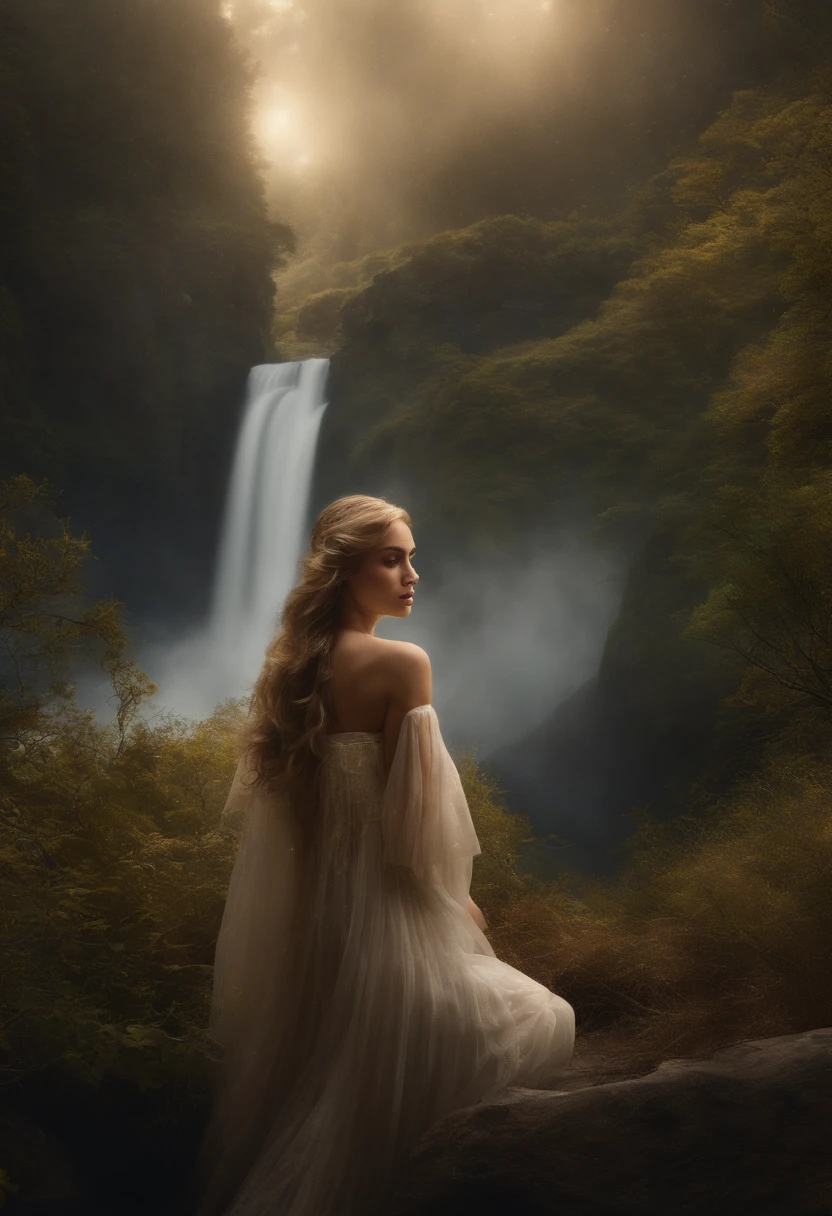 en un surrealista, fantastic world, Nuestra impresionante mujer con cabello rubio ondulado extra largo posee ojos que parecen contener los secretos del universo.. Ella se encuentra en medio de islas flotantes en el cielo, Her hair cascaded like a waterfall of gold.. El ambiente es de otro mundo, con un sentido de magia y maravilla. Este mensaje se ejecuta en un estilo de arte digital altamente detallado, Combining realism with fantasy elements, Uso de una lente gran angular (24mm) para capturar la grandeza de la escena,