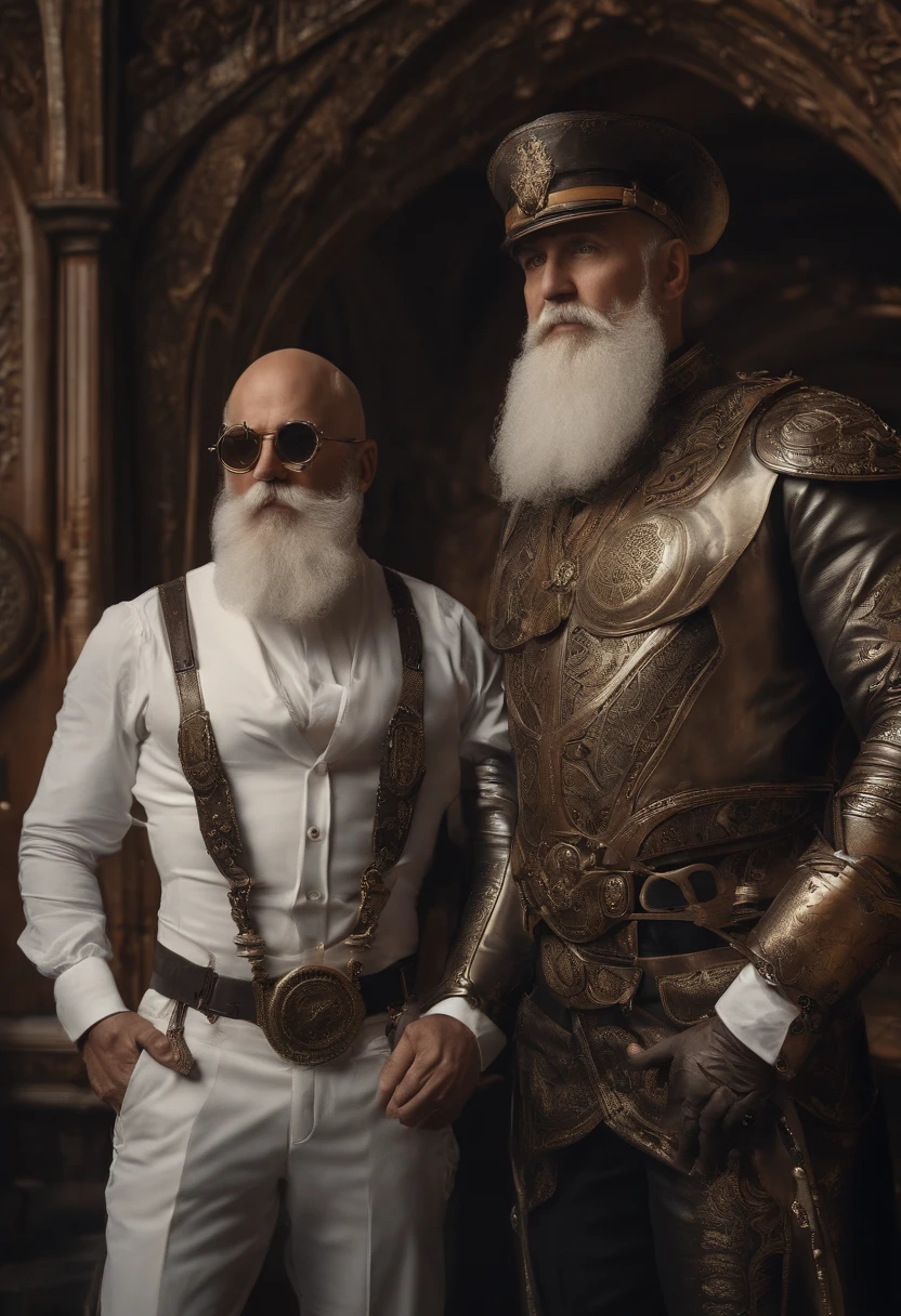 There are two men made out of metal in underpants with white beards standing next to each other, ils sont torse nu, ils ont un gros ventre, un homme porte des lunettes et l'autre un monocle, cyborg, cyberpunk style, steam-punk style, ((intricate details)), (best quality,4k,8k,highres,masterpiece:1.2), ((intricate details, realistic, photo-realistic, photo-realistic:1.37)), cinematic shot