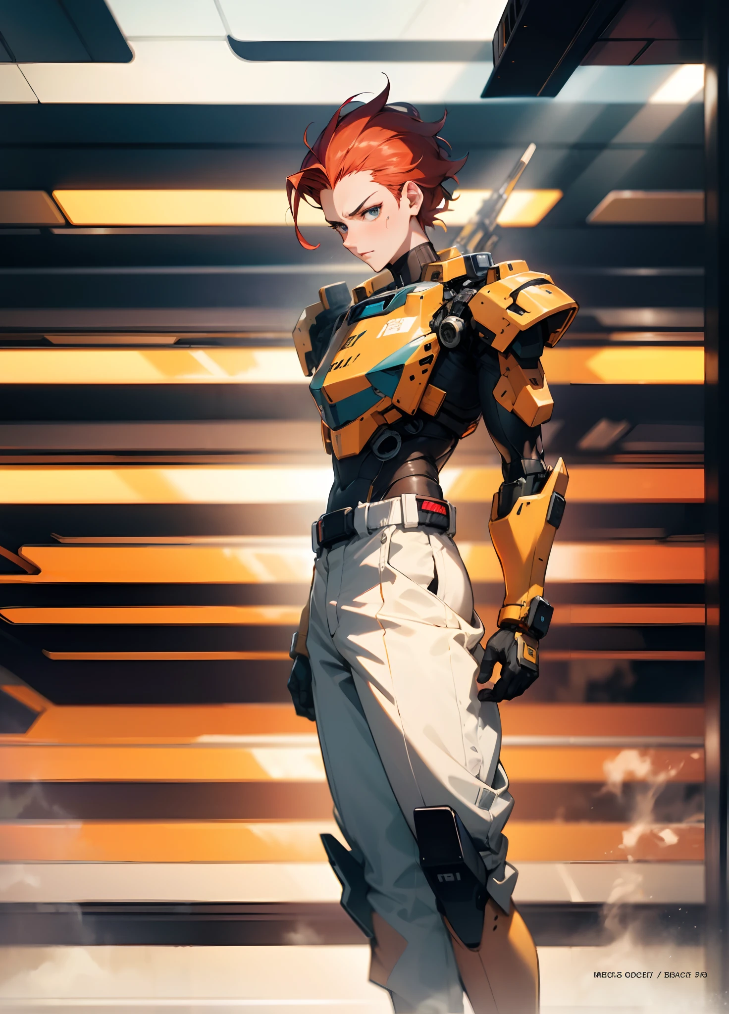 A man with short red-gold hair, hair slicked back, thick and disheveled hair, a cold and ruthless gaze, a confident expression, wears a two-piece futuristic military-style uniform, primarily in shades of white and red, accented by touches of yellow, streamlined wristguard gloves, matching trousers, he stands in a futuristic sci-fi-style hangar housing a colossal mech, stands within a futuristic sci-fi hangar, where a colossal mech is stationed, this character embodies a finely crafted futuristic military officer in anime style, characterized by an exquisite and mature manga illustration art style, high definition, best quality, highres, ultra-detailed, ultra-fine painting, extremely delicate, professional, anatomically correct, symmetrical face, extremely detailed eyes and face, high quality eyes, creativity, RAW photo, UHD, 8k, Natural light, cinematic lighting, masterpiece:1.5