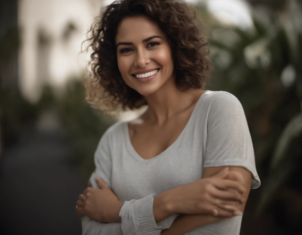 ((Latin American South America)), (Femme latino), (photo: 1.3) DE (realism: 1.3), Gros plan frontal, Soft Light, visage clair, content, gai, Warm Light, T-shirt blanc, (fond gris et blanc), (blank background), (Fond de mur gris) Avatar, (Cheveux courts), sourire, cheveux longs, sourire, (gros plan)