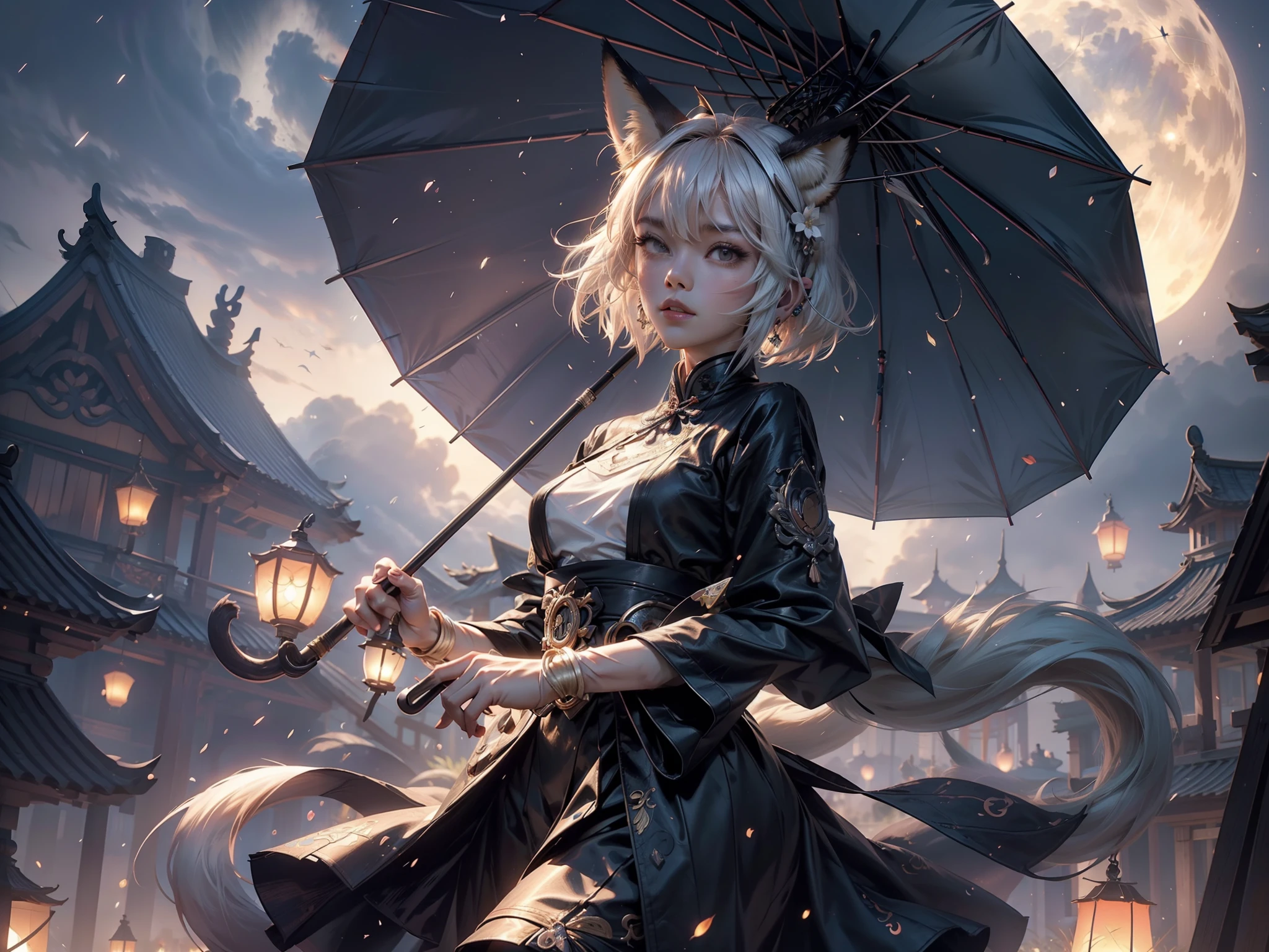 (max resolution: 1.2), (Ultra HDTV: 1.2), 8K resolution, Eye and skin details, face details, , (Sharp focus: 1.2), (Precise focus) face sharp face: 1.2), 1 Standing girl, (Holds an umbrella), (((hand holding umbrella))), Flower lantern, Mid-Autumn Festival, white Chinese historical costume, (short hair ), White hair, (((Fox ears))), (((There are 9 fox tails))), Starry sky, Full moon, Flying lantern in the sky, Flying lantern, Glowing lamp