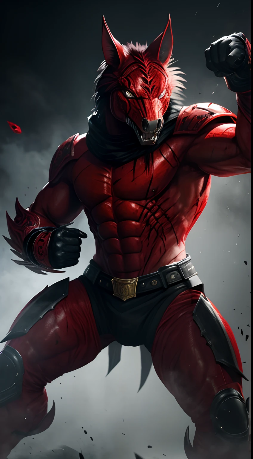 horse mask creature, Bloody Roar style, blood and black colors, punching pose, full body, Animal Anthropomorphism, realistic digital, humanoid, abstract background, global illumination, intricate, epic, dramatic, masterpiece, high detail, best quality, ultra high res