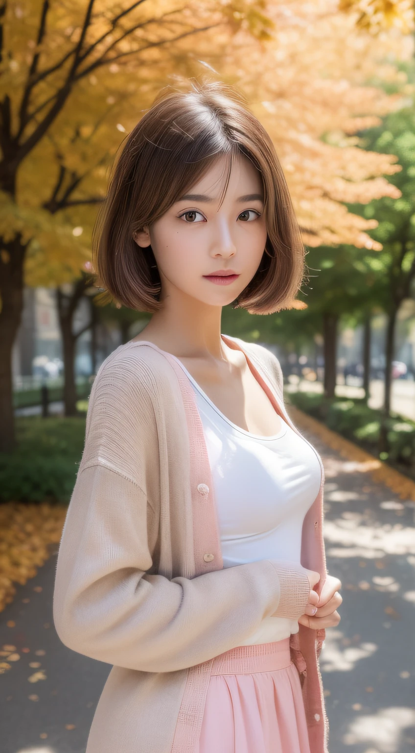 (photographed:1.2)、(Photorealsitic:1.4)、(masterpiece:1.3)、(top-quality:1.4)、超A high resolution、(A detailed eye)、(detailed facial features)、(detailed clothes features)、8K分辨率、solofocus、bangss、Double eyelids、Beautiful lips、toned legs、(Slender girl)、(a japanese girl)、(Japan Faces)、1 girl in、Slim Beauty:1.3、brown haired、Delicate hair、The background is a row of ginkgo trees、(((Autumn clothes)))、(White tank top)、(((Pink long-sleeved cardigan)))、(long skirt)、In the street、(Beautiful breasts:1.2)、Realistic body、de pele branca、Slim body、(short-hair:1.2)、(bangss: 1.2)、Bruises and ugly face、kawaii faces、Lifelike face、Delicate body、((sexy pose))、stunning lighting