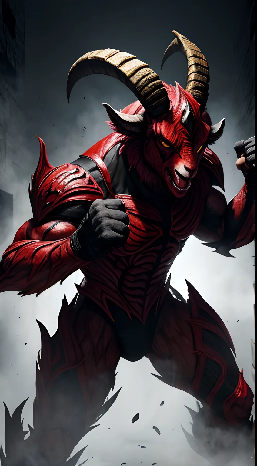 goat mask creature, Bloody Roar style, blood and black colors, punching pose, full body, Animal Anthropomorphism, realistic digital, humanoid, abstract background, global illumination, intricate, epic, dramatic, masterpiece, high detail, best quality, ultra high res