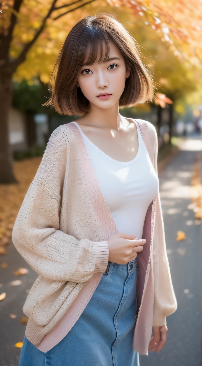 (photographed:1.2)、(Photorealsitic:1.4)、(masterpiece:1.3)、(top-quality:1.4)、超A high resolution、(A detailed eye)、(detailed facial features)、(detailed clothes features)、8K分辨率、solofocus、bangss、Double eyelids、Beautiful lips、toned legs、(Slender girl)、(a japanese girl)、(Japan Faces)、1 girl in、Slim Beauty:1.3、brown haired、Delicate hair、The background is a row of ginkgo trees、(((Autumn clothes)))、(White tank top)、(((Pink long-sleeved cardigan)))、(long skirt)、In the street、(Beautiful breasts:1.2)、Realistic body、de pele branca、Slim body、(short-hair:1.2)、(bangss: 1.2)、Bruises and ugly face、kawaii faces、Lifelike face、Delicate body、((sexy pose))、stunning lighting