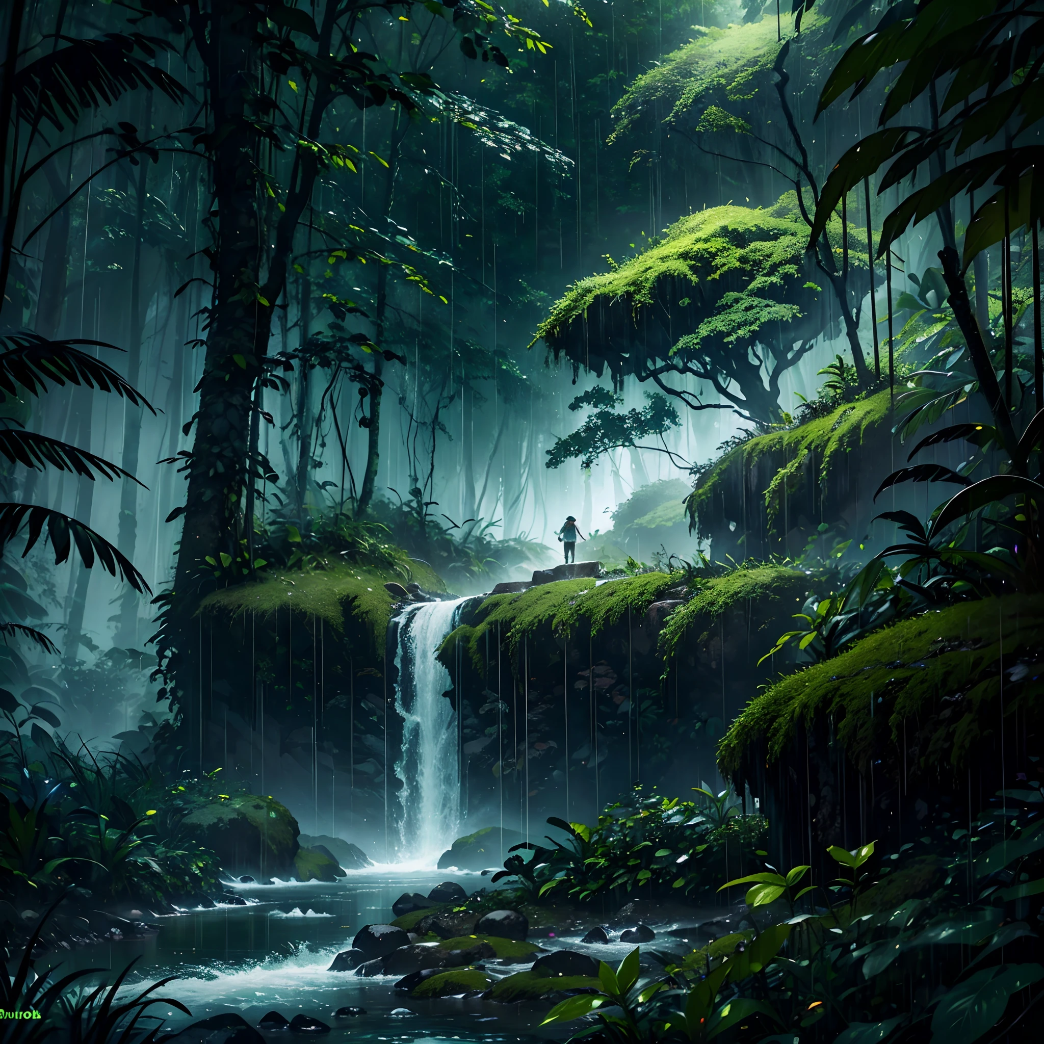 (female explorer),exploring deep rain forest,(rain),(storm),(thunder),ultra-detailed,realistic,photorealistic,rainforest,adventure,green foliage,wildlife,nature HDR,UHD,studio lighting,vivid colors,moody atmosphere,bokeh,drenched leaves,rich textures,dense fog,suspenseful ambiance,unexplored beauty,extreme detail description,thunderclaps,torrential downpour,soaked clothes,explorer's hat,hiking boots,water droplets on leaves,barely visible paths,hidden creatures,explorer's determination,explorer's backpack,flashlight illuminating the darkness,misty vista,authentic rainforest sounds,captivating scenery,mysterious aura,explorer's courage,breathtaking viewpoints,treacherous terrain,emerald green,enchanted realm.