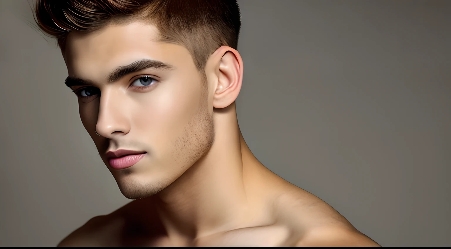 18 year old boy, Light brown skin, hair up to the middle of the neck with brown curls marked on the, brown eyes slightly slanted, with sharp, thin nose and sharp jaw, thin and pink lips, his body is just a little muscular, with marked collarbones.