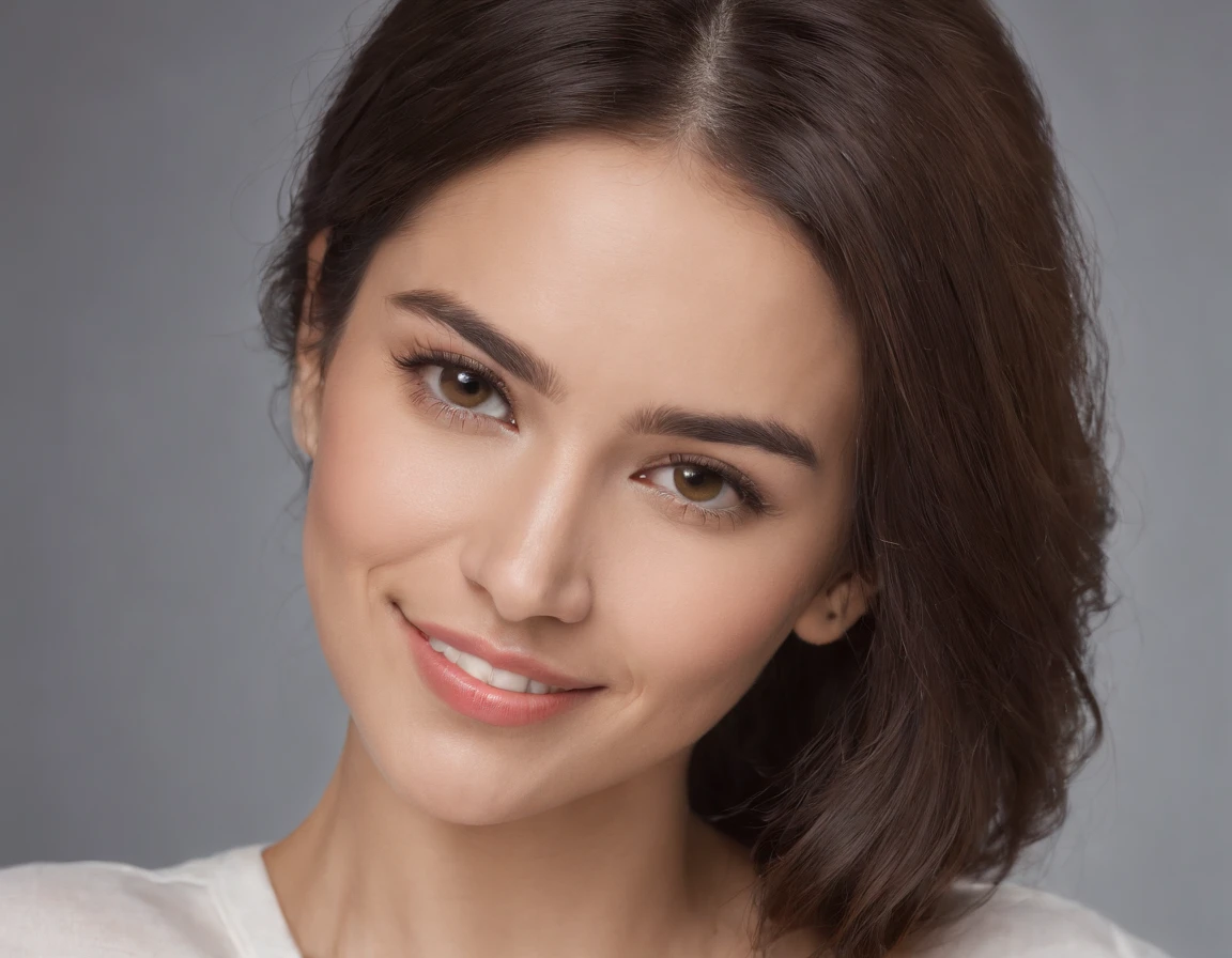 (Photo: 1.3) af (realism: 1.3), (Hispanic), Latina woman profile picture, (frontal close-up), soft light, clear face, happy, cheerful, warm light, white T-shirt, (off-white background), (blank background), ((gray wall background)) avatar, (long hair), smile, beautiful, young,, short hair, smile, (close-up)