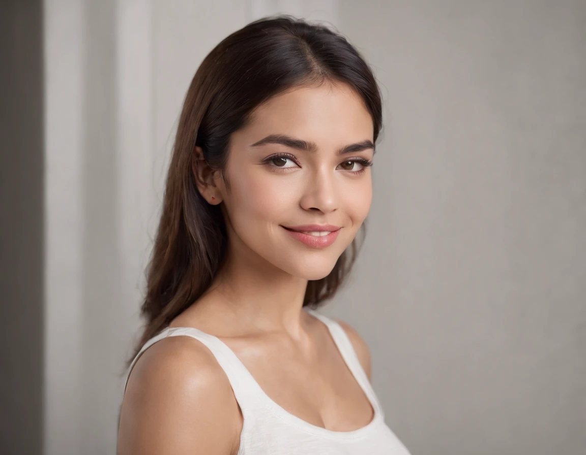 (Photo: 1.3) af (realism: 1.3), (Hispanic), Latina woman profile picture, (frontal close-up), soft light, clear face, happy, cheerful, warm light, white T-shirt, (off-white background), (blank background), ((gray wall background)) avatar, (long hair), smile, beautiful, young,, short hair, smile, (close-up)