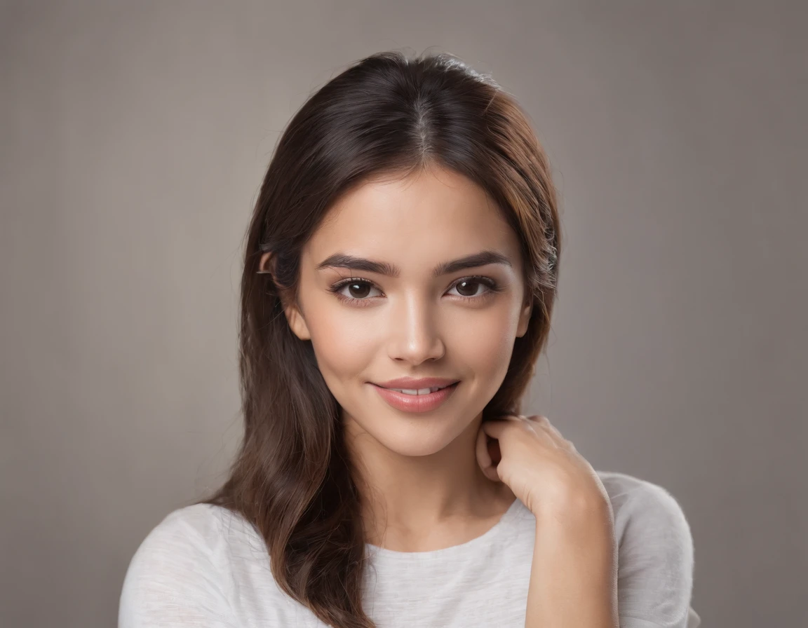 (Photo: 1.3) af (realism: 1.3), (Hispanic), Latina woman profile picture, (frontal close-up), soft light, clear face, happy, cheerful, warm light, white T-shirt, (off-white background), (blank background), ((gray wall background)) avatar, (long hair), smile, beautiful, young,, short hair, smile, (close-up)