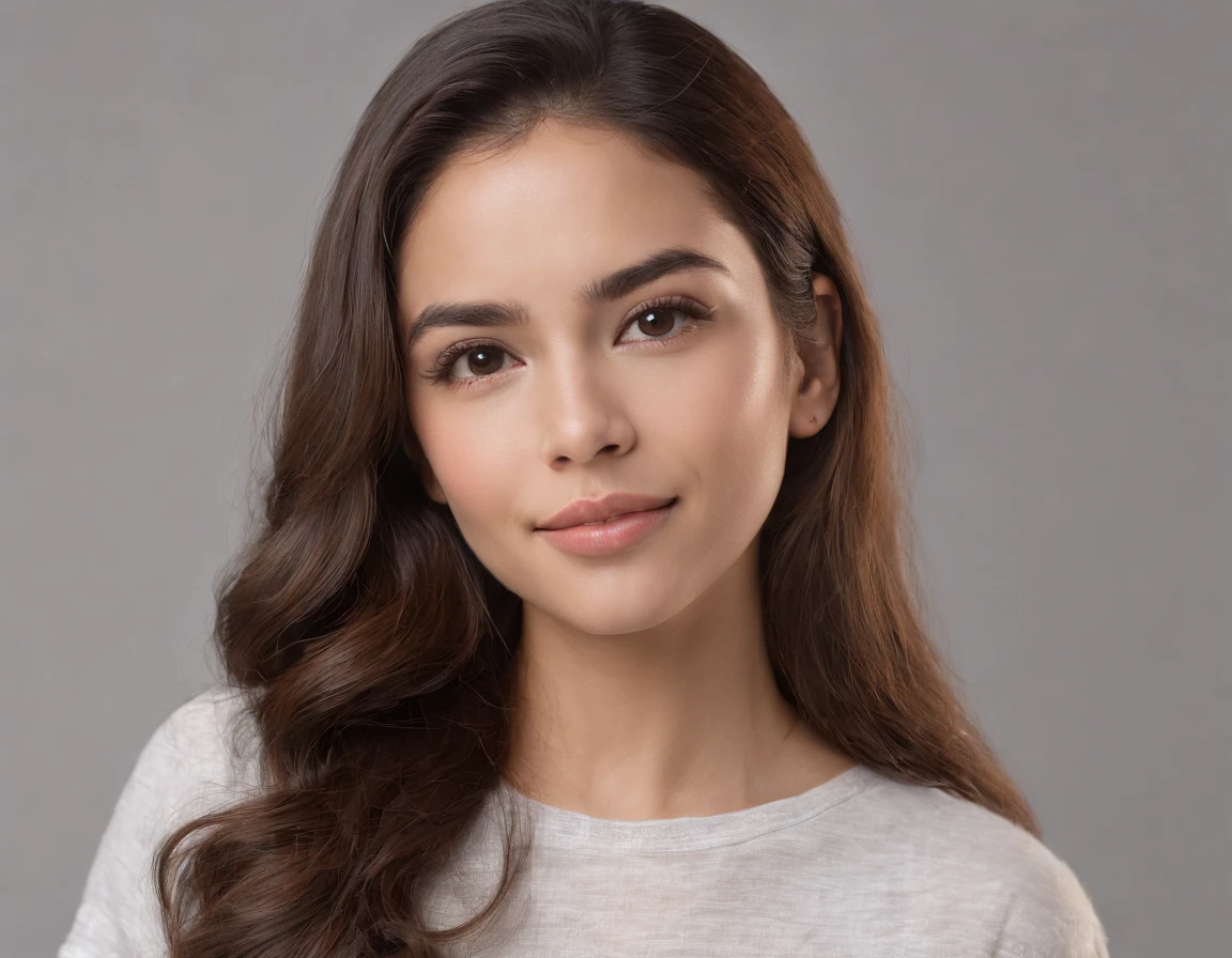 (Photo: 1.3) af (realism: 1.3), (Hispanic), Latina woman profile picture, (frontal close-up), soft light, clear face, happy, cheerful, warm light, white T-shirt, (off-white background), (blank background), ((gray wall background)) avatar, (long hair), smile, beautiful, young,, short hair, smile, (close-up)