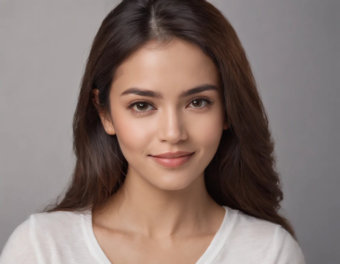 (Photo: 1.3) af (realism: 1.3), (Hispanic), Latina woman profile picture, (frontal close-up), soft light, clear face, happy, cheerful, warm light, white T-shirt, (off-white background), (blank background), ((gray wall background)) avatar, (long hair), smile, beautiful, young,, short hair, smile, (close-up)