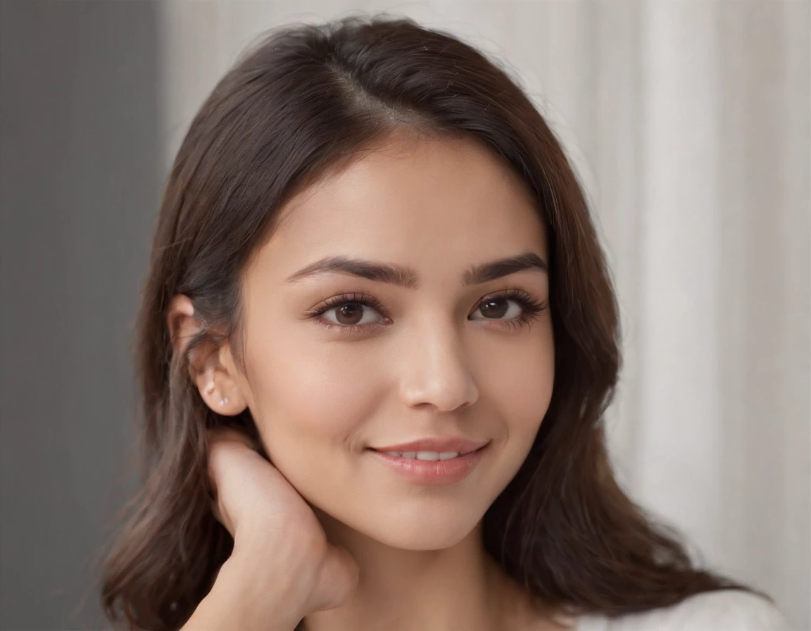 (Photo: 1.3) af (realism: 1.3), (Hispanic), Latina woman profile picture, (frontal close-up), soft light, clear face, happy, cheerful, warm light, white T-shirt, (off-white background), (blank background), ((gray wall background)) avatar, (long hair), smile, beautiful, young,, short hair, smile, (close-up)