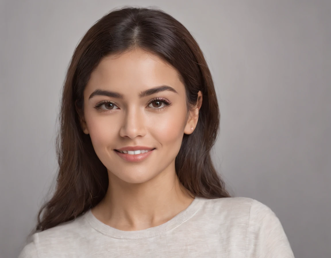 (Photo: 1.3) af (realism: 1.3), (Hispanic), Latina woman profile picture, (frontal close-up), soft light, clear face, happy, cheerful, warm light, white T-shirt, (off-white background), (blank background), ((gray wall background)) avatar, (long hair), smile, beautiful, young,, short hair, smile, (close-up)