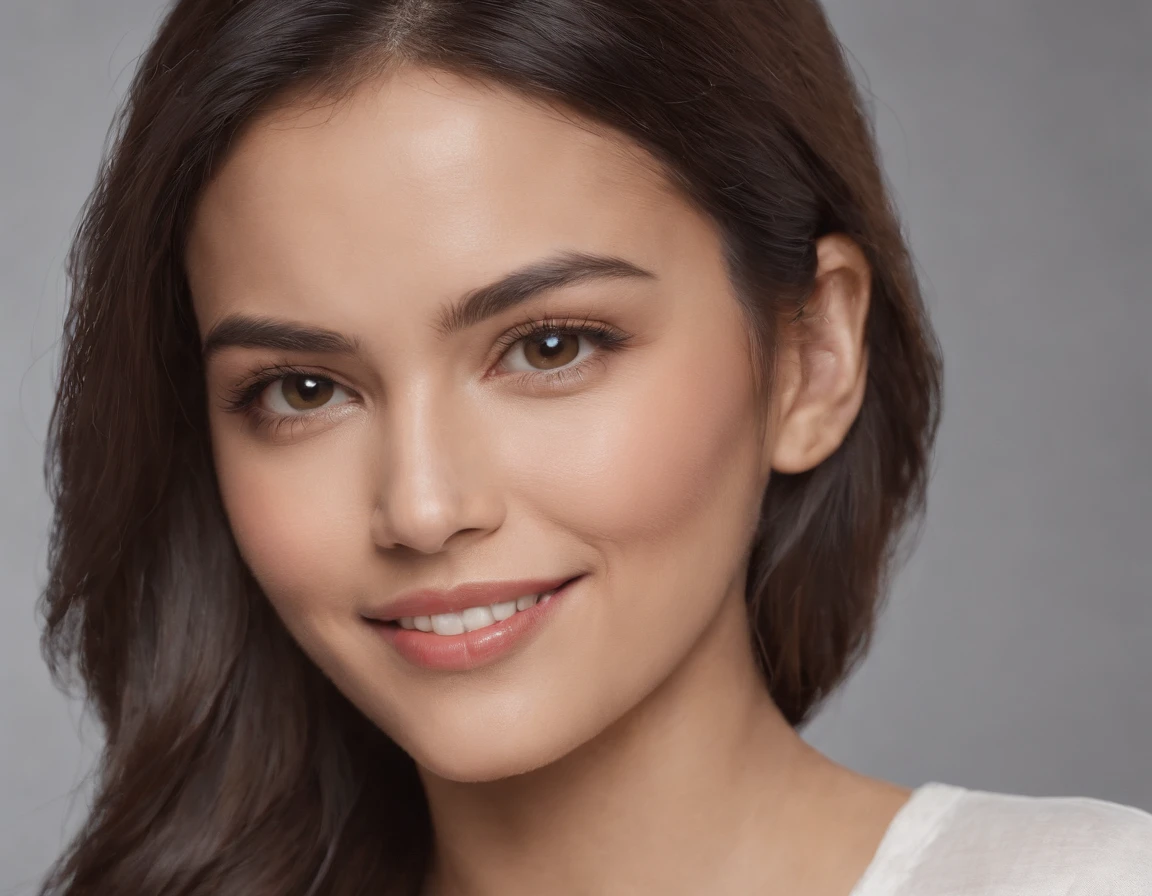 (Photo: 1.3) af (realism: 1.3), (Hispanic), Latina woman profile picture, (frontal close-up), soft light, clear face, happy, cheerful, warm light, white T-shirt, (off-white background), (blank background), ((gray wall background)) avatar, (long hair), smile, beautiful, young,, short hair, smile, (close-up)