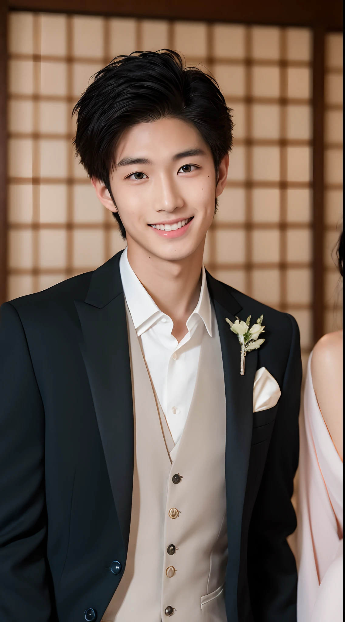 4K、top-quality、masutepiece、 (Japan Male 18 years old)、a handsome、a blond、((Tanned black skin 1.6))、bridegroom、wedding hall、Looking at the camera,a smile