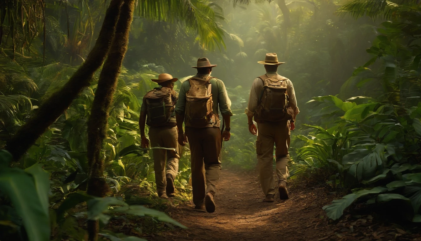 a team of treasure hunters walking through the jungle, following a hidden trail. The camera should be positioned behind the team, looking over their shoulders. The scene should be suspenseful, with the jungle noises and the team's footsteps creating a sense of anticipation.