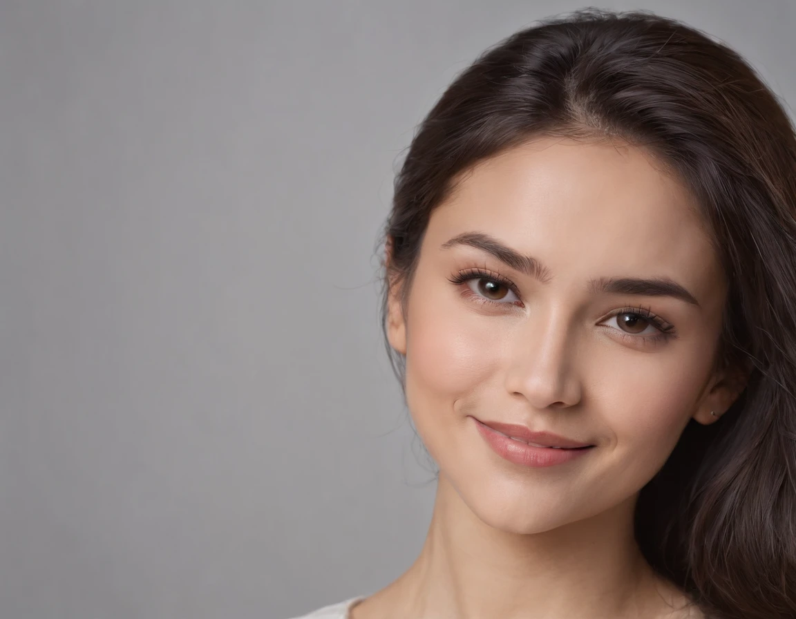 (Photo: 1.3) af (realism: 1.3), (Hispanic), Latina woman profile picture, (frontal close-up), soft light, clear face, happy, cheerful, warm light, white T-shirt, (off-white background), (blank background), ((gray wall background)) avatar, (long hair), smile, beautiful, young,, short hair, smile, (close-up)