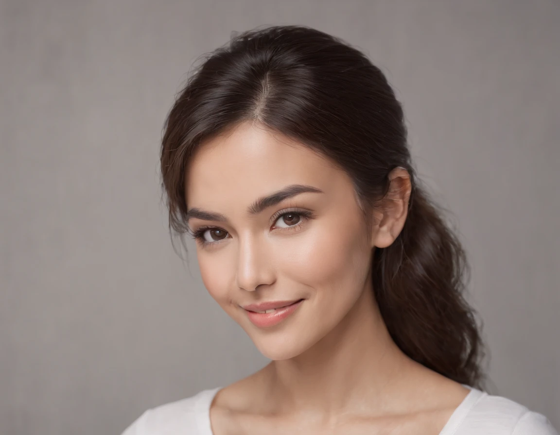 (Photo: 1.3) af (realism: 1.3), (Hispanic), Latina woman profile picture, (frontal close-up), soft light, clear face, happy, cheerful, warm light, white T-shirt, (off-white background), (blank background), ((gray wall background)) avatar, (long hair), smile, beautiful, young,, short hair, smile, (close-up)