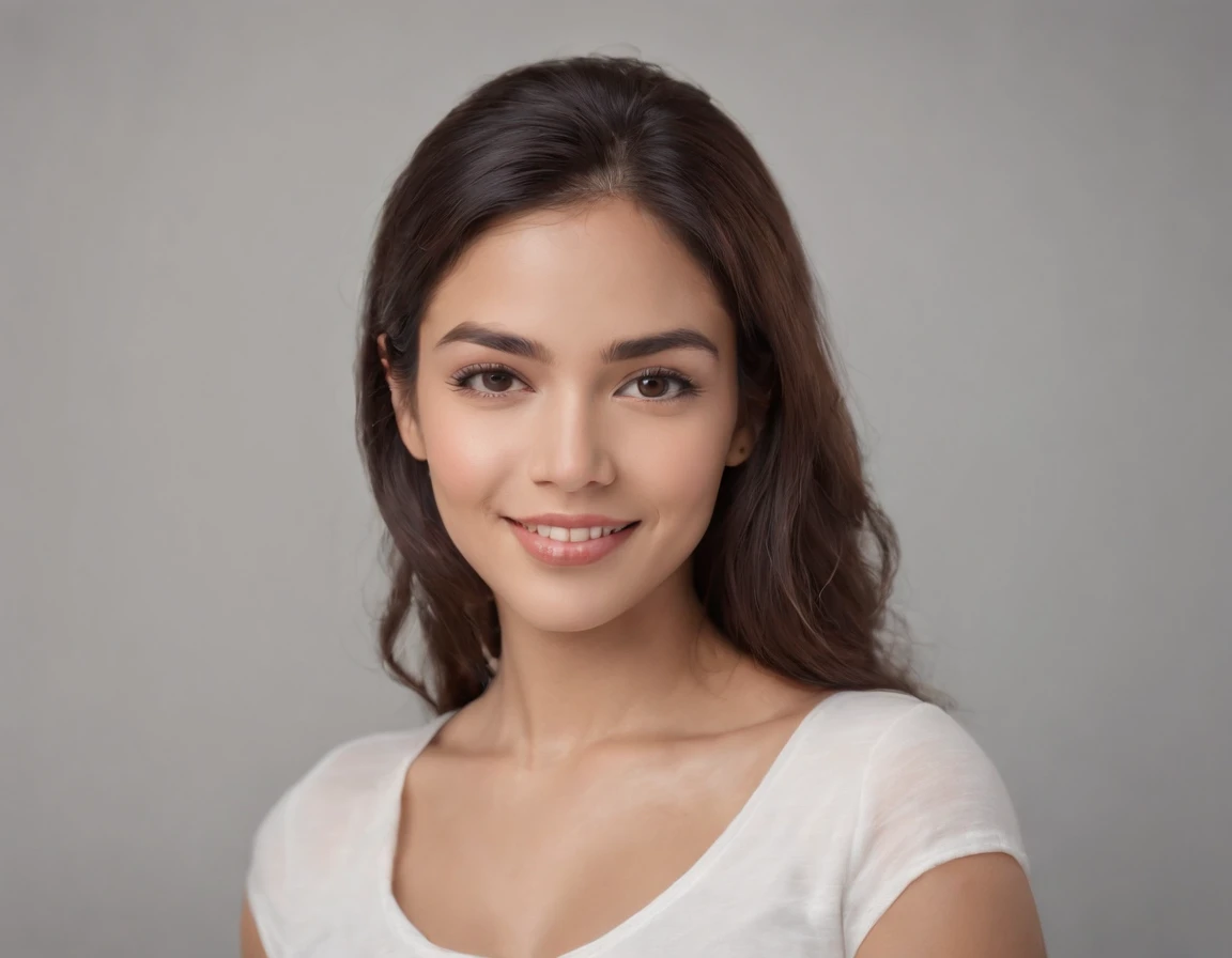 (Photo: 1.3) af (realism: 1.3), (Hispanic), Latina woman profile picture, (frontal close-up), soft light, clear face, happy, cheerful, warm light, white T-shirt, (off-white background), (blank background), ((gray wall background)) avatar, (long hair), smile, beautiful, young,, short hair, smile, (close-up)