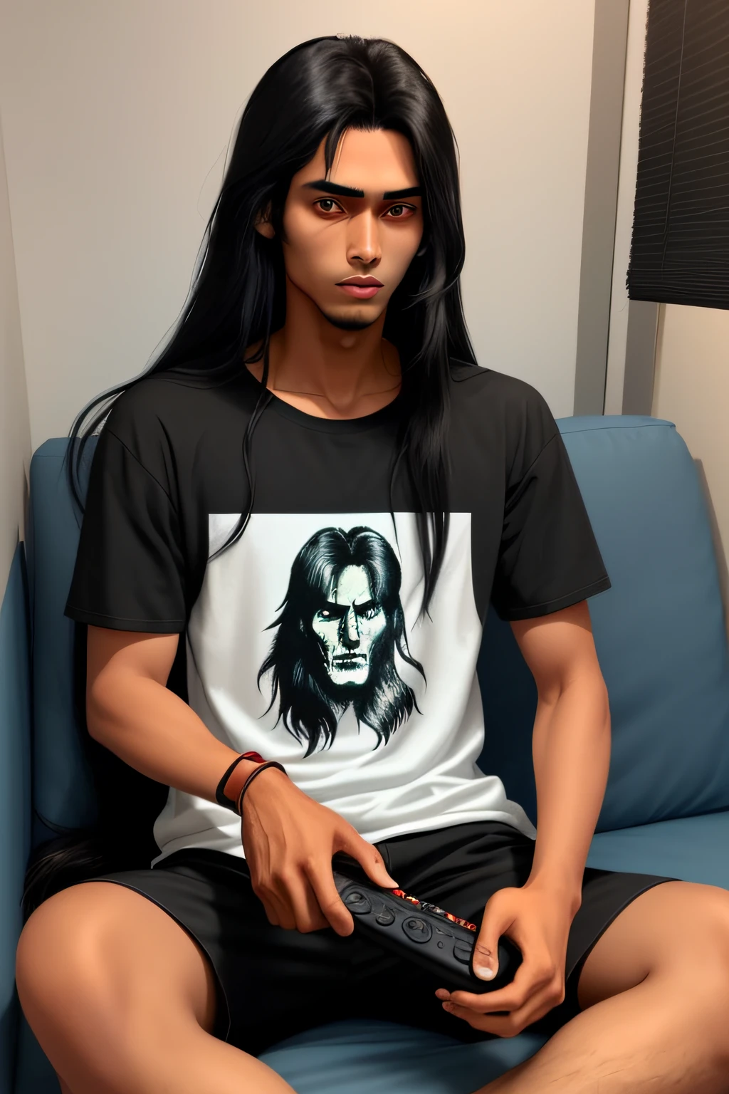 a dark skinded guy with long black indian hair who looks like he addicted to playing wvideo game