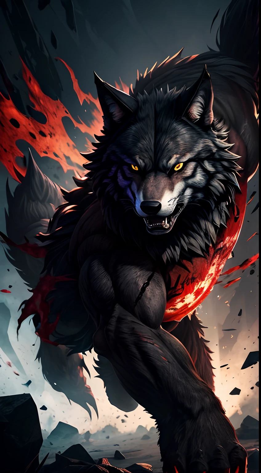 wolf mask creature, Bloody Roar style, blood and black colors, punching pose, full body, Animal Anthropomorphism, realistic digital, humanoid, abstract background, global illumination, intricate, epic, dramatic, masterpiece, high detail, best quality, ultra high res