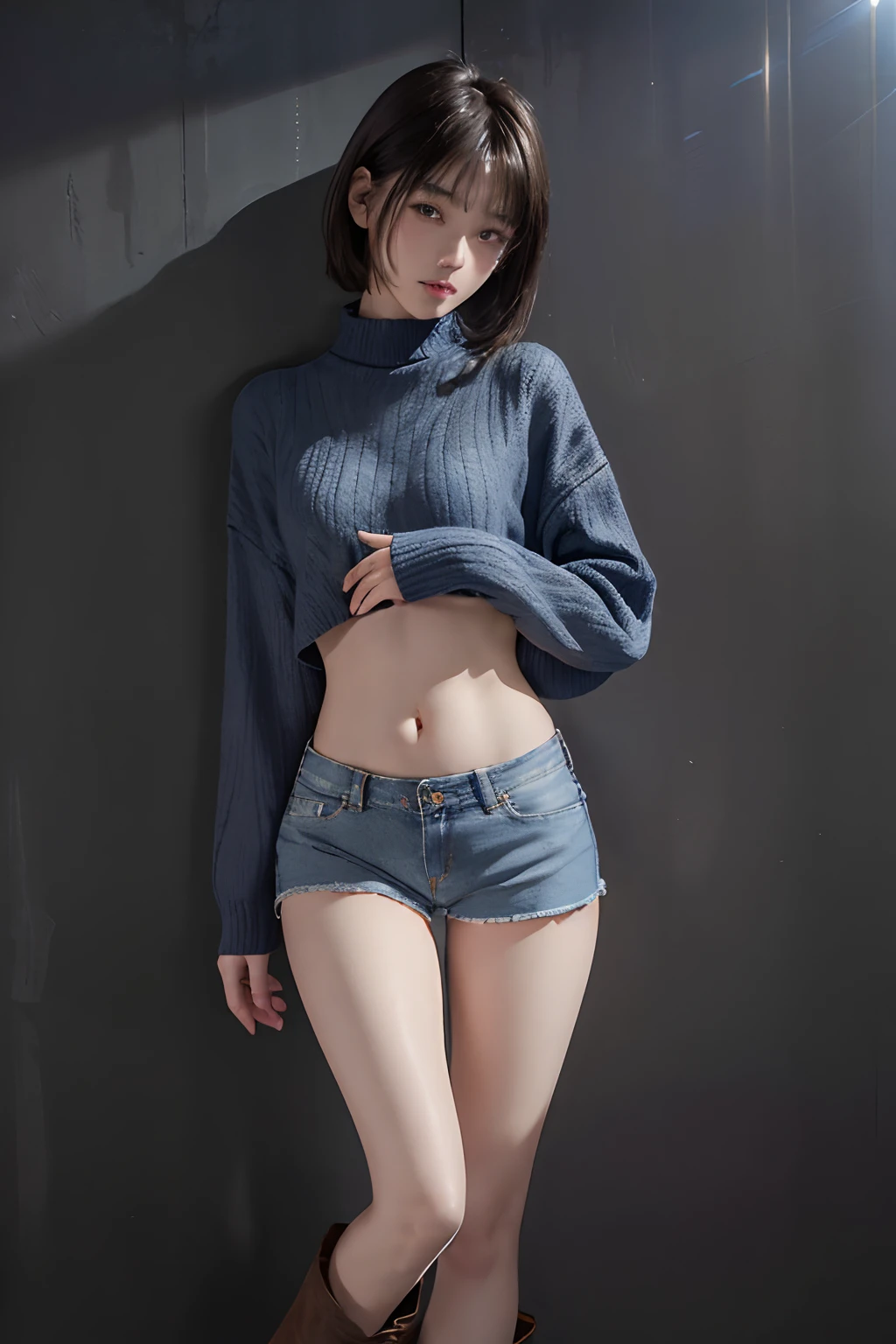 (masuter piece:1.3)、(8K、Photorealsitic、Raw photography、top-quality: 1.4)、(1girl in)、beautiful countenance、(Lifelike face)、(A dark-haired、short-hair)、
Beautiful hairstyle、realisticeyes、Beautiful details、(real looking skin)、Beautiful skins、absurderes、enticing、超A high resolution、A hyper-realistic、high-detail、the golden ratio、
((wide open abdomen))、((open abdomen))、((wide open navel))、((open navel))、((Mid-Riff Sweater))、((Ultra-low rise、Denim shorts))、
((Navel Ejection))、((small hips))、((long limbs))、((Full body depiction))、((small hip))、(boots)、((Ultra-low rise))、((Denim shorts))、((is standing))、