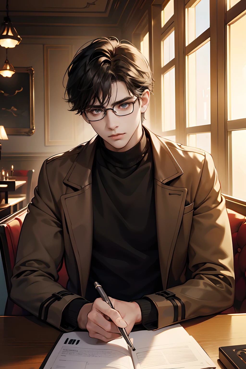 (tmasterpiece, high resolution, ultra - detailed:1.0), (1 boy, Young male), Eyes looking at the camera, Perfect male body, Extremely detailed CG, 8K wallpaper, Complicated details, solo person, Detailed face,(Black hair, Brown coat,brown sweater, White shirt, Glasses, Sit in front of your laptop, Cafe background.), color difference, Depth of field, dramatic shadow, Ray tracing, Best quality, Cinematic lighting, offcial art