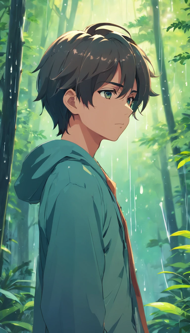 Anime boy with long hair and hairpins, beautiful anime artwork, style of anime4 K, anime art wallpaper 4k,rainy day, the woods,rain drops