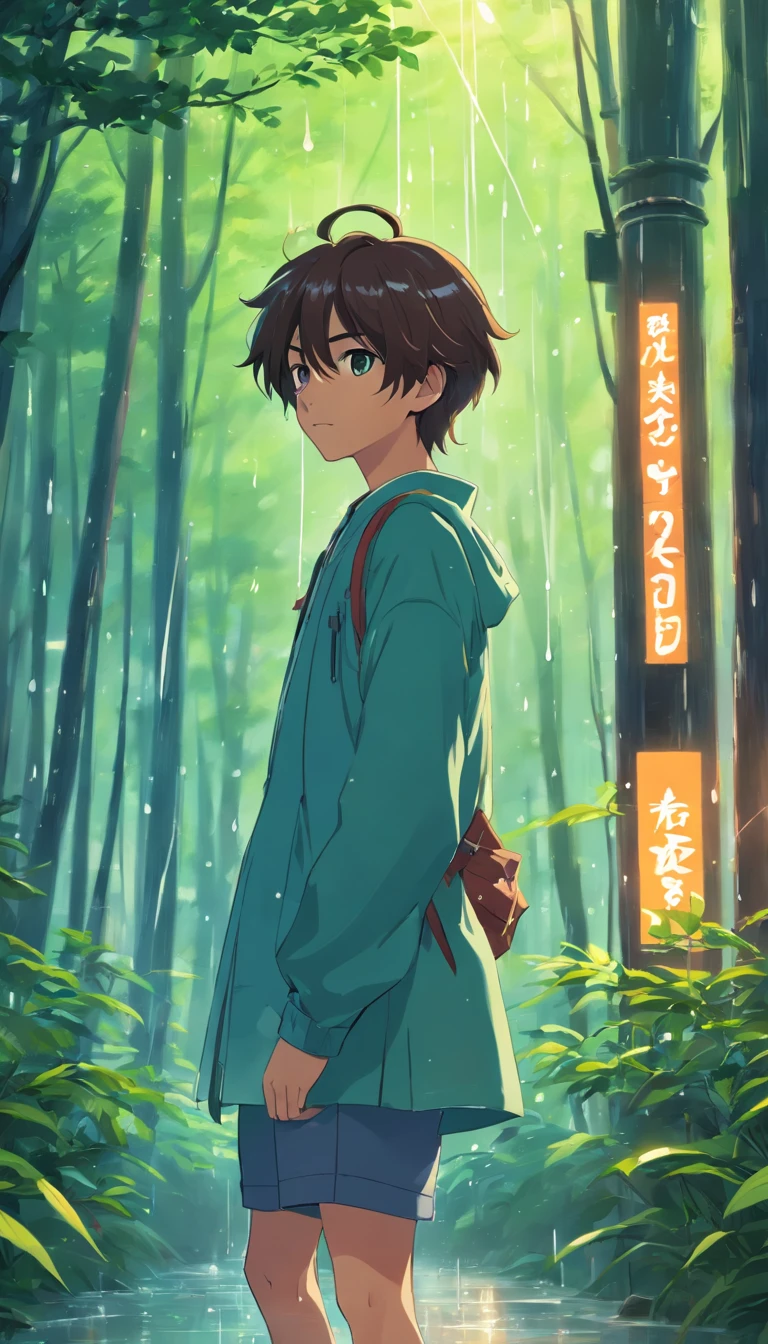Anime boy with long hair and hairpins, beautiful anime artwork, style of anime4 K, anime art wallpaper 4k,rainy day, the woods,rain drops