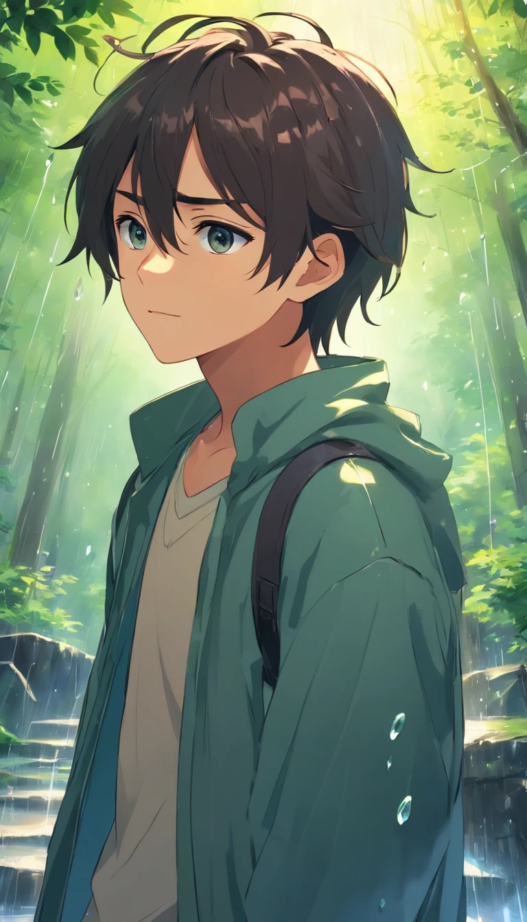 Anime boy with long hair and hairpins, beautiful anime artwork, style of anime4 K, anime art wallpaper 4k,rainy day, the woods,rain drops