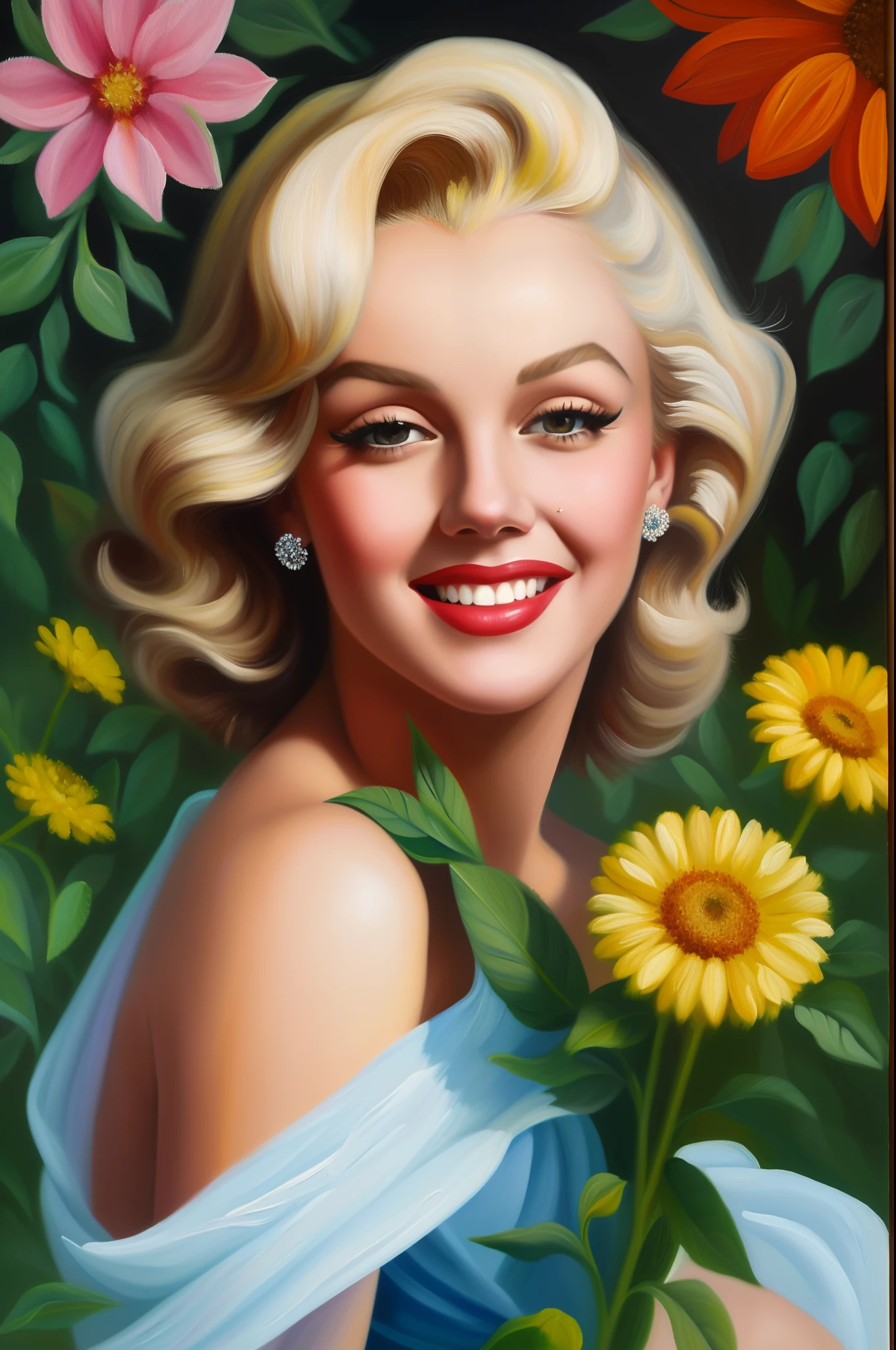 (masterpiece), (best quality: 1.1), (ultra-detailed), best illustration, finely detailed, (oil painting: 1.4), (hand-painted: 1.2), (oil paint brush hair), bouquet consisting of field flowers, artistic portrait painting of Marilyn Monroe, bare shoulder. A close up of beautiful face painting, detailed eyes, gentle smile.