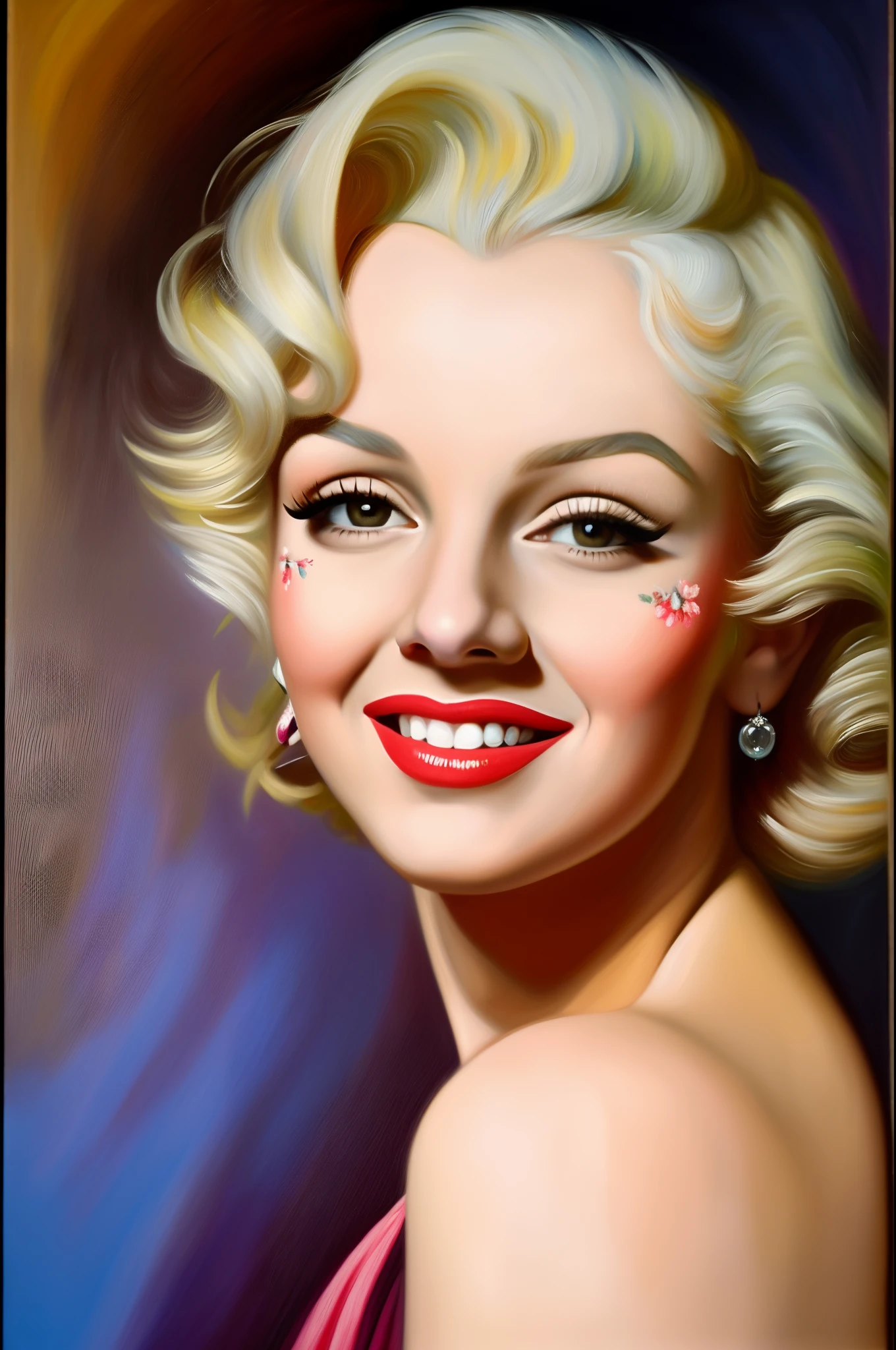 (masterpiece), (best quality: 1.1), (ultra-detailed), best illustration, finely detailed, (oil painting: 1.4), (hand-painted: 1.2), (oil paint brush hair), bouquet consisting of field flowers, artistic portrait painting of Marilyn Monroe, bare shoulder. A close up of beautiful face painting, detailed eyes, gentle smile.