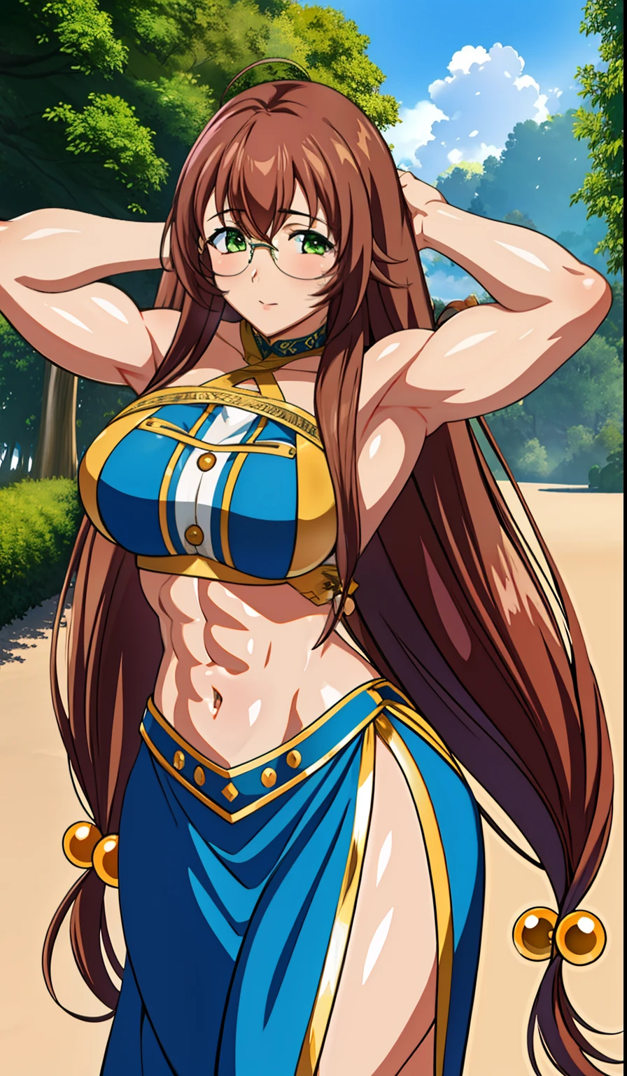 1girl in, masterpice, High quality, Best Quality, 4K, Solo, nffsw, Unity,  Brown hair,Very long hair, Green eyes, Hair Ornament, Large breasts, Glasses, good body, Perfect body, Outdoors, Dynapose ™, Cute Pose, (muscular,)