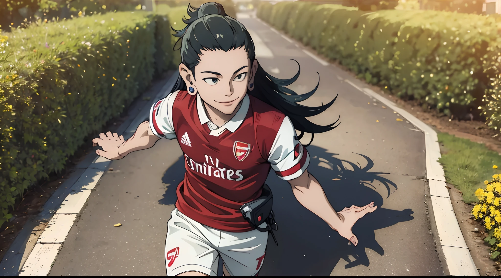 (masterpiece), best quality, outdoor, landscape, clear quality, hd quality, close up, smile, walking, (wearing Arsenal F.C. home jersey kit), suguru geto