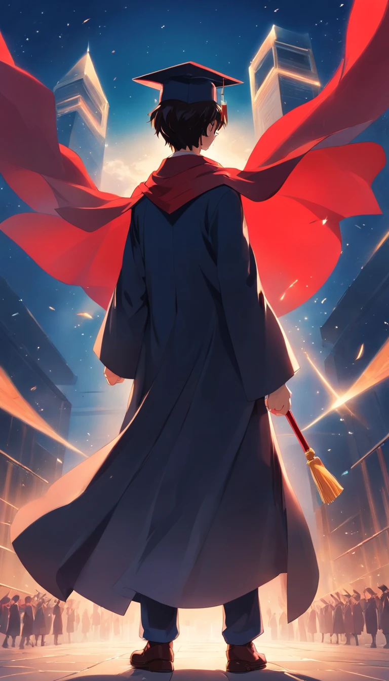 poster for，Graduation poster design，Male back black clothes red cape with classmate graduation cap super wide angle，The poster reads, "We're graduating."！！！”